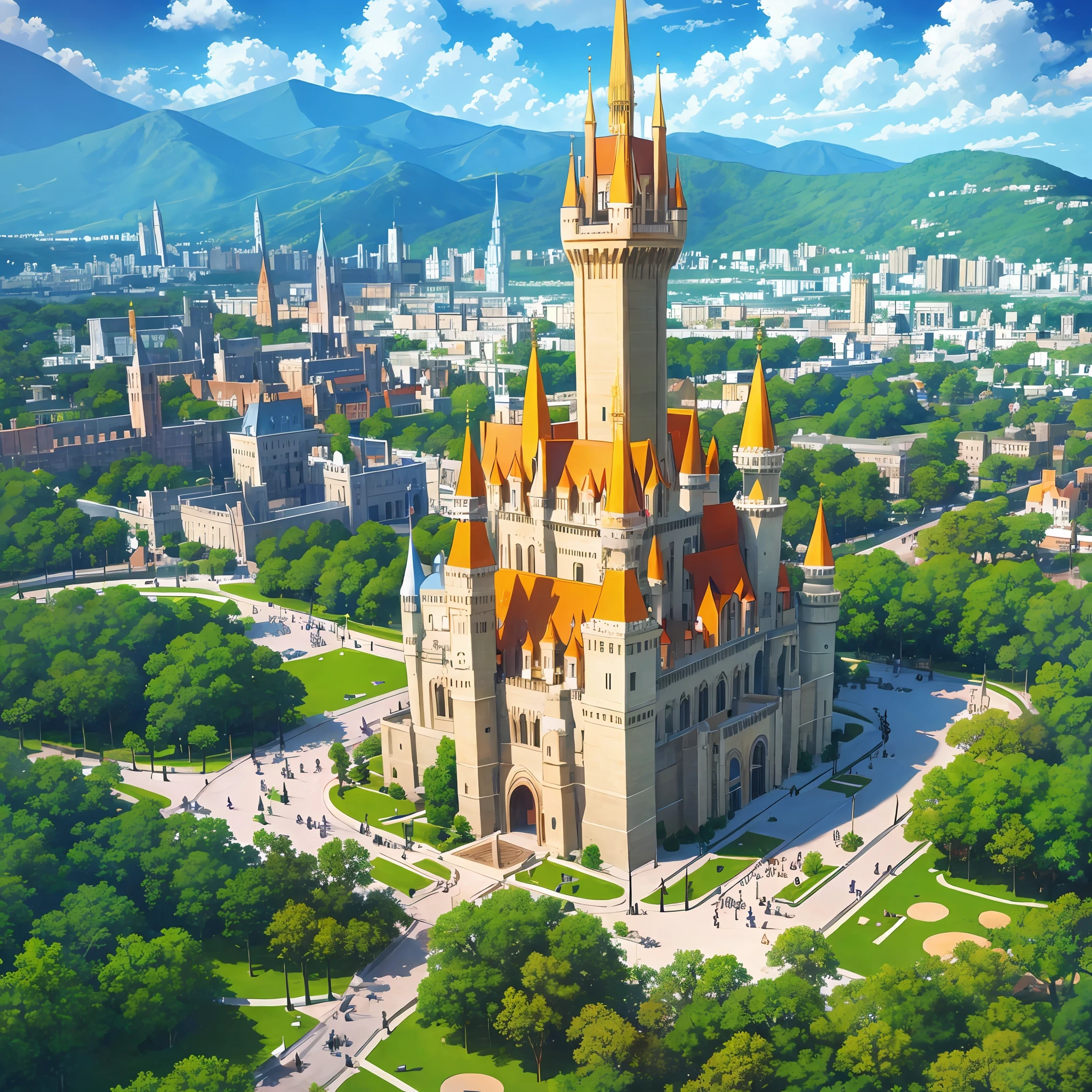 "Describe a scene of a square city with tree-lined streets, with a ten-level golden castle in the center. Painting a detailed picture, describe the size, shape and color of the castle, as well as the vegetation around the streets." --auto --s2