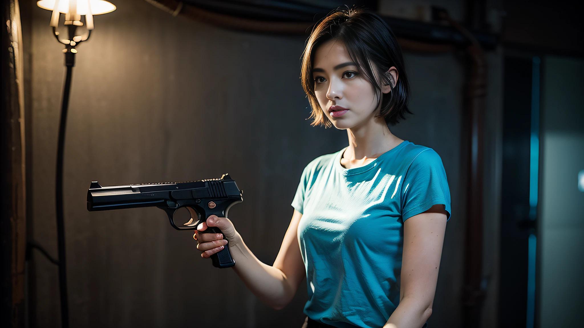 Photo, (Photorealistic: 1.4), (Hyperrealistic: 1.4), (Cinematic: 1.5), Woman in her 20s, French, Solo, Woman with a Gun, (Desert Eagle), Small Pistol, Nikita, Night, Blue Light, Blue Filter, Nervousness, Short Hair, Holding a Gun in Both Hands, Basement, Black T-shirt, Electrical Cord on the Wall, Water Pipe, Holding a Gun, aiming,
