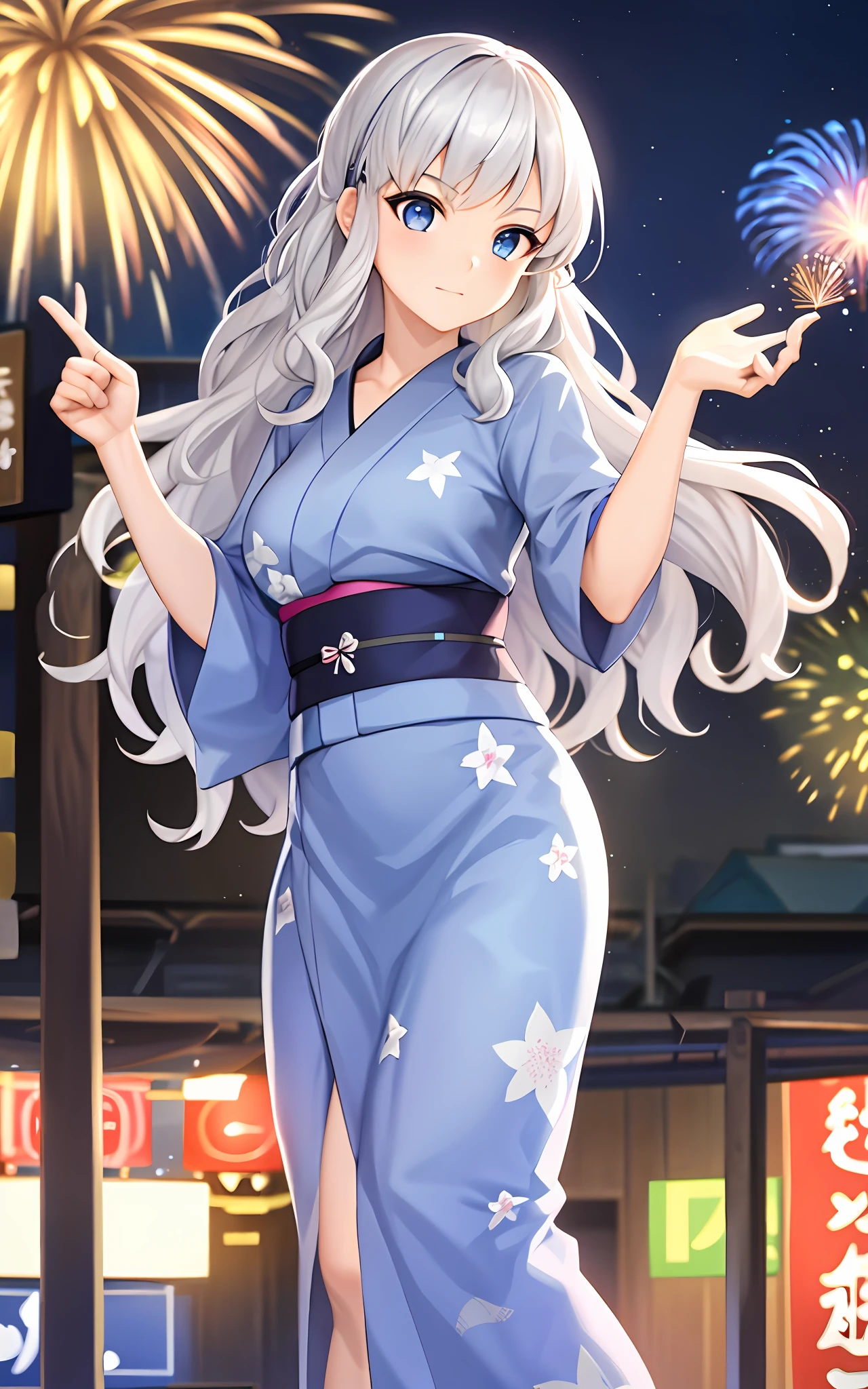 girl, solo, summer festival, silver hair, blue eyes, wavy hair, yukata, night, fireworks, looking up at the sky, huge, yukata is fluttering