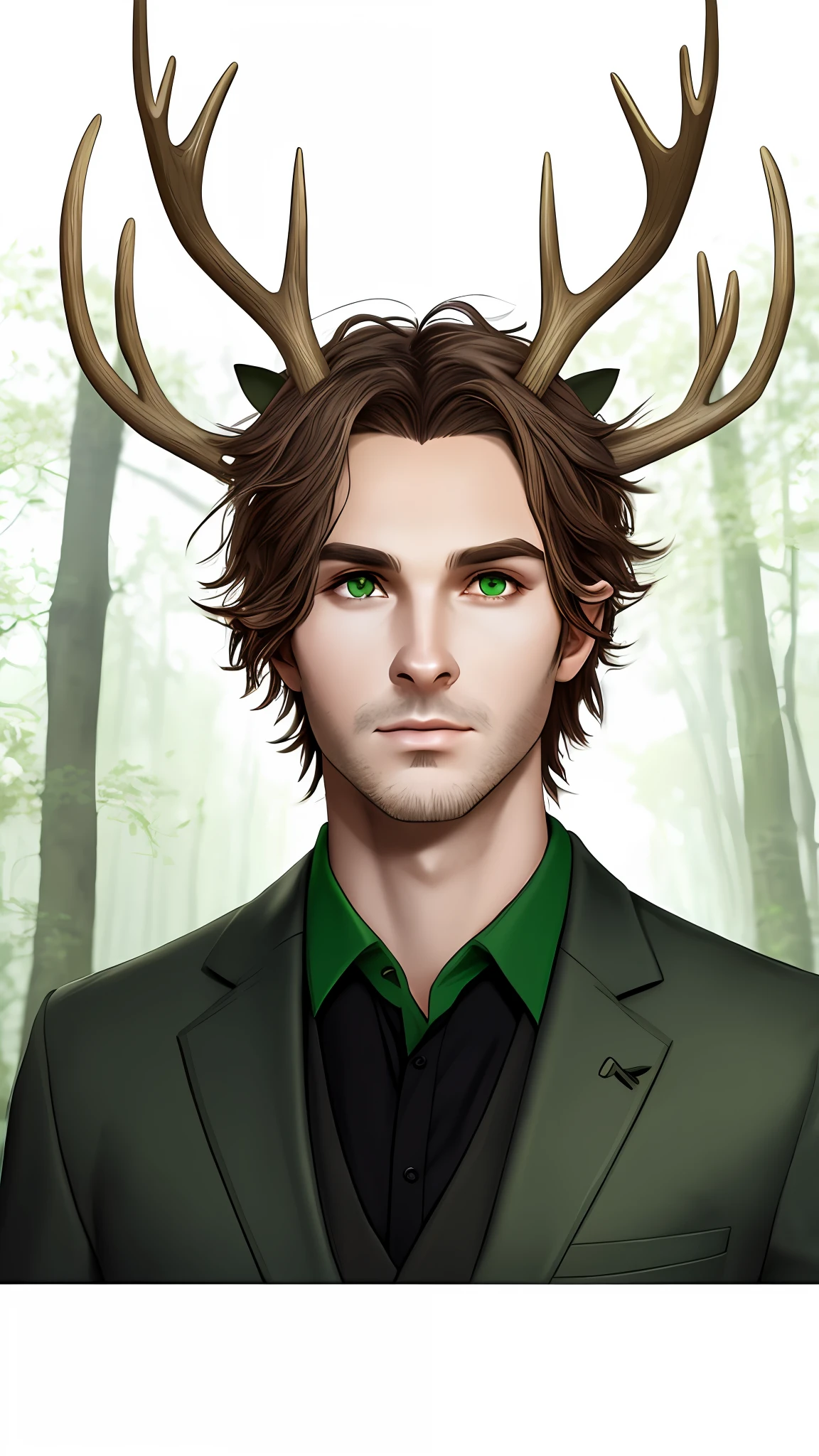 Transform man half deer, horns, green eyes, forest environment