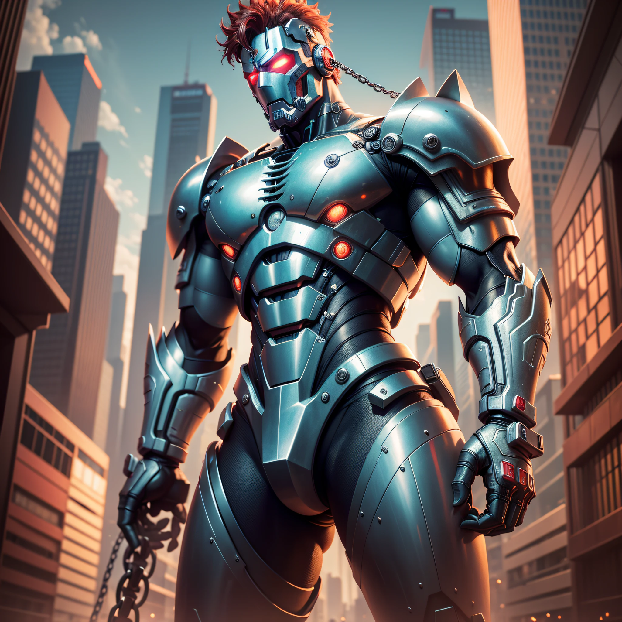8K wallpapers, ultra-detailed works, cinematic lighting, realistic photos, Dark_Fantasy, Cyberpunk, (chain saw, chain saw man, Red: 1.1), 1man, Mechanical marvel, Robotic presence, Cybernetic guardian, wearing a worn-out mech suit , intricate, (steel metal [rust]), elegant, sharp focus, photographed by greg rutkowski, soft lighting, vibrant colors, masterpiece, ((street)), cowboy shot, dynamic pose, --auto --s2