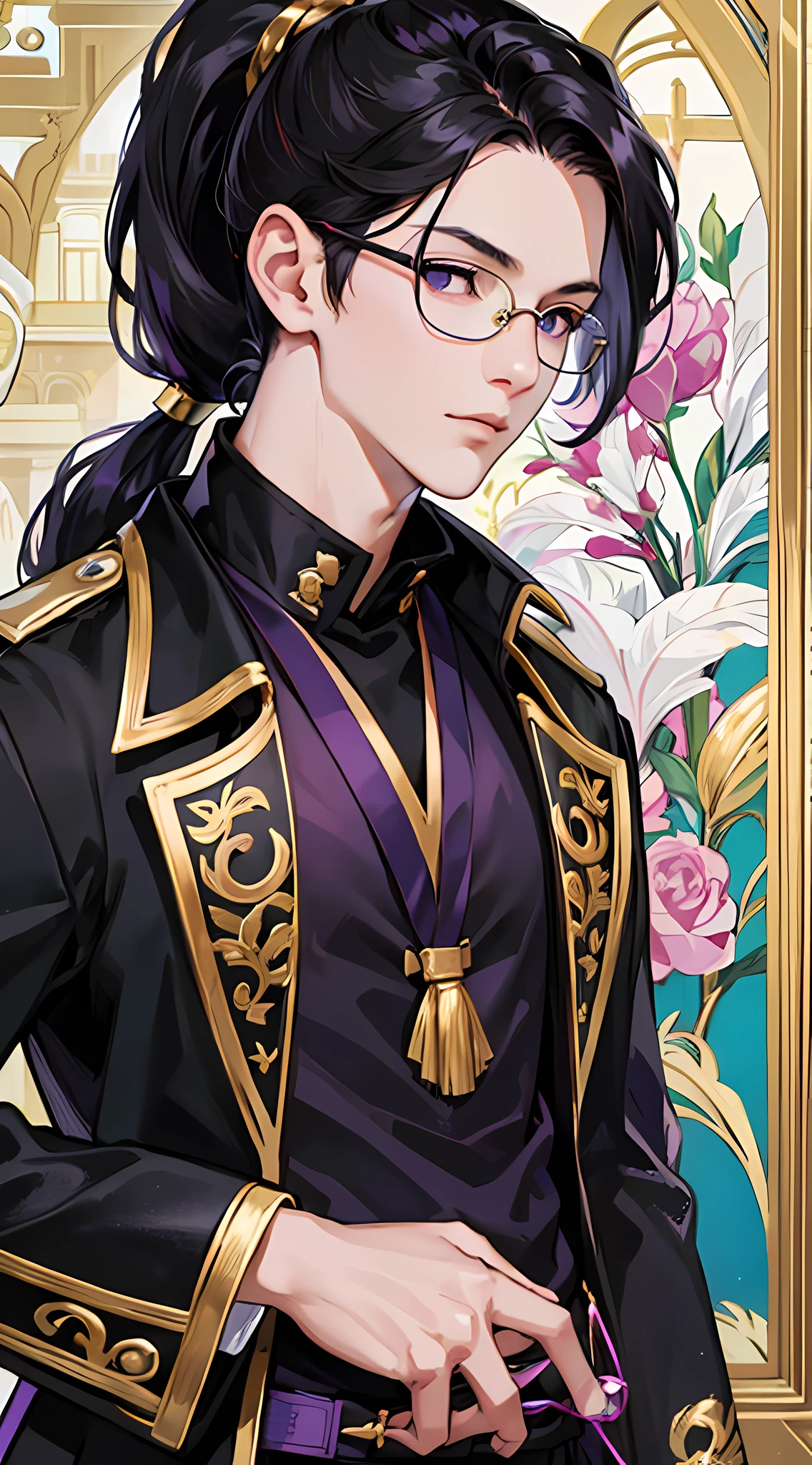 8k high definition, boy, meino teen, anime, light, purple eyes, innocent look, black hair with gold, tied hair, ponytail, blouse, full size, shot hair, solo, male, focus, eyeglasses wallpaper. --auto --s2
