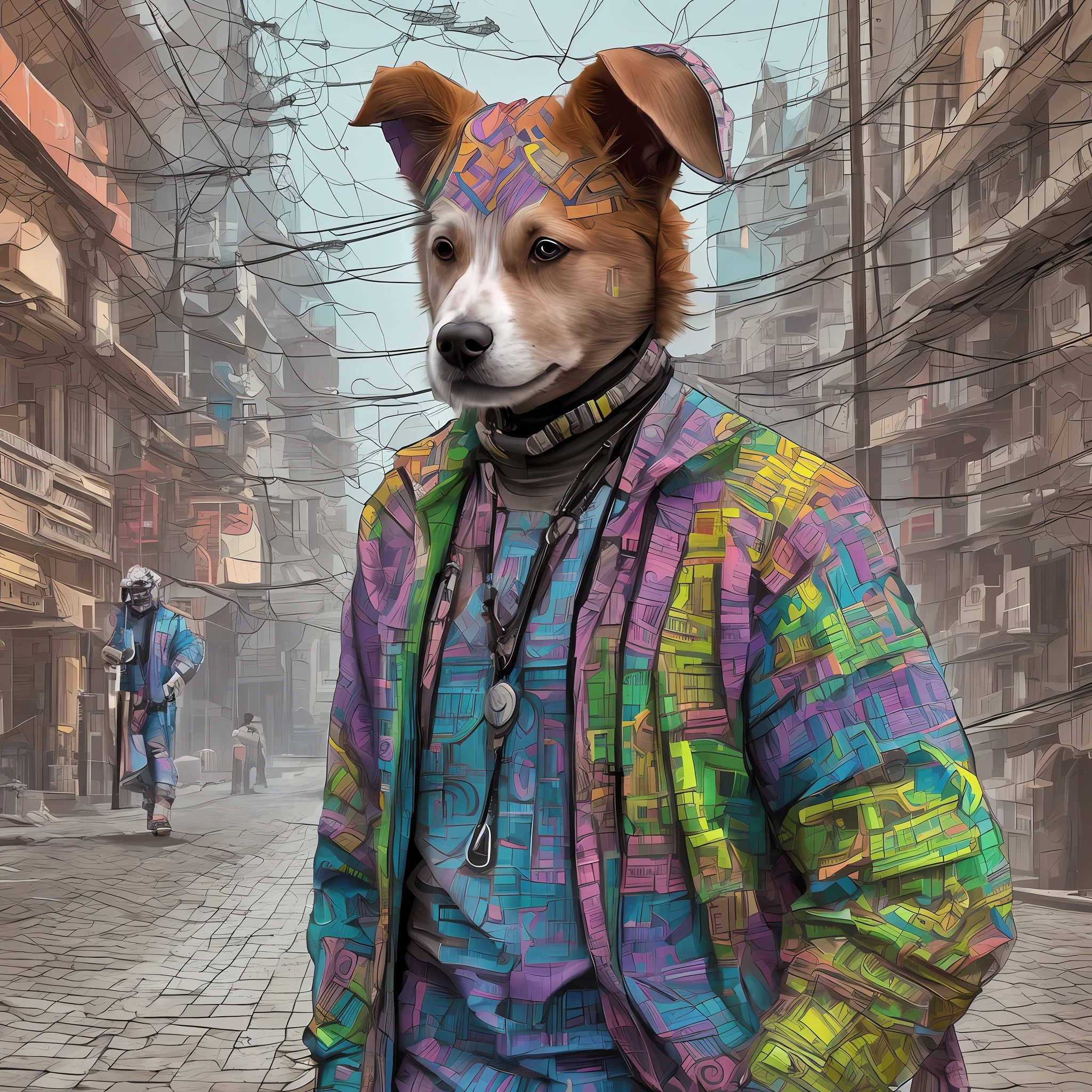 CYBERPUNK CLOWN DOG ON THE STREET, mid-fifteenth century modern technical diagram,soft colors --auto --s2