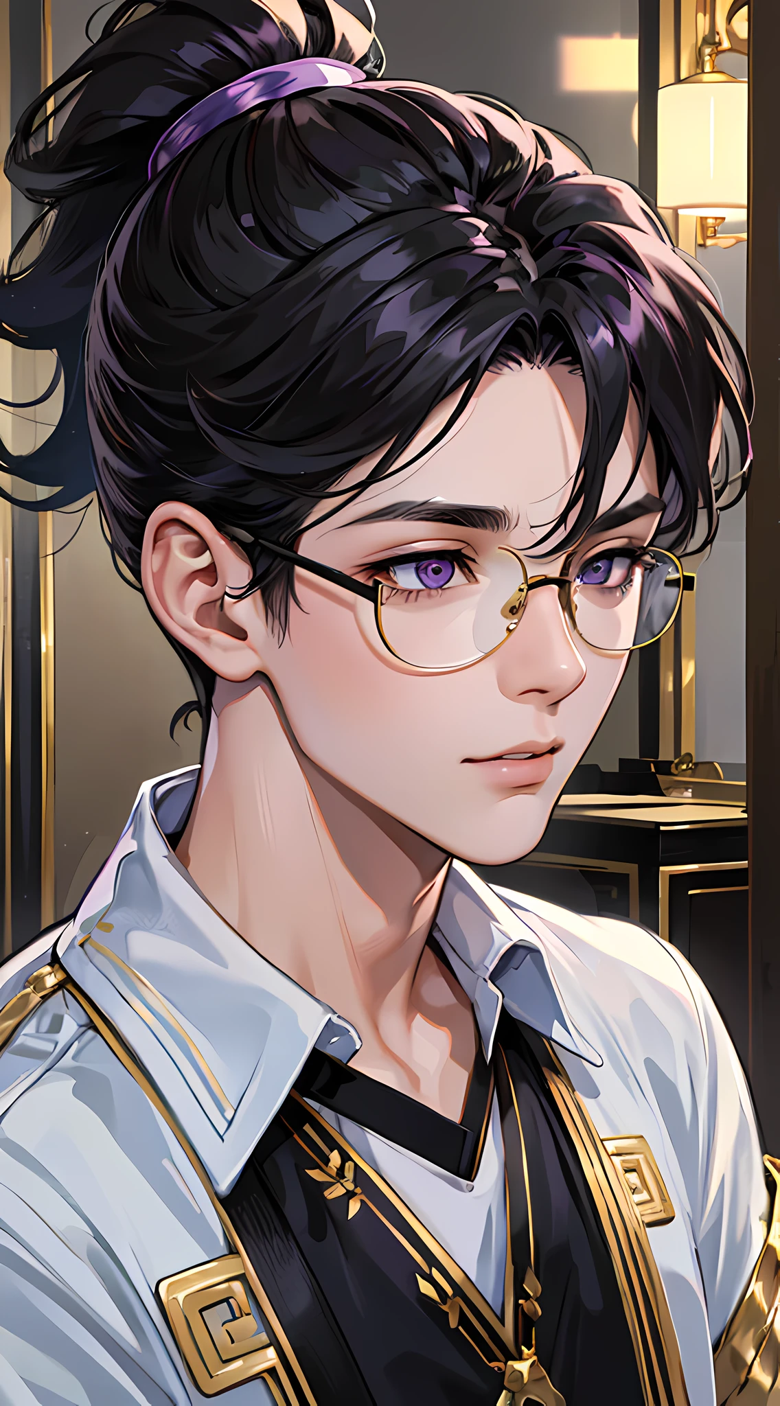 8k high definition, boy, meino teen, anime, light, purple eyes, innocent look, black hair with gold, tied hair, ponytail, blouse, full size, shot hair, solo, male, focus, eyeglasses wallpaper. --auto --s2