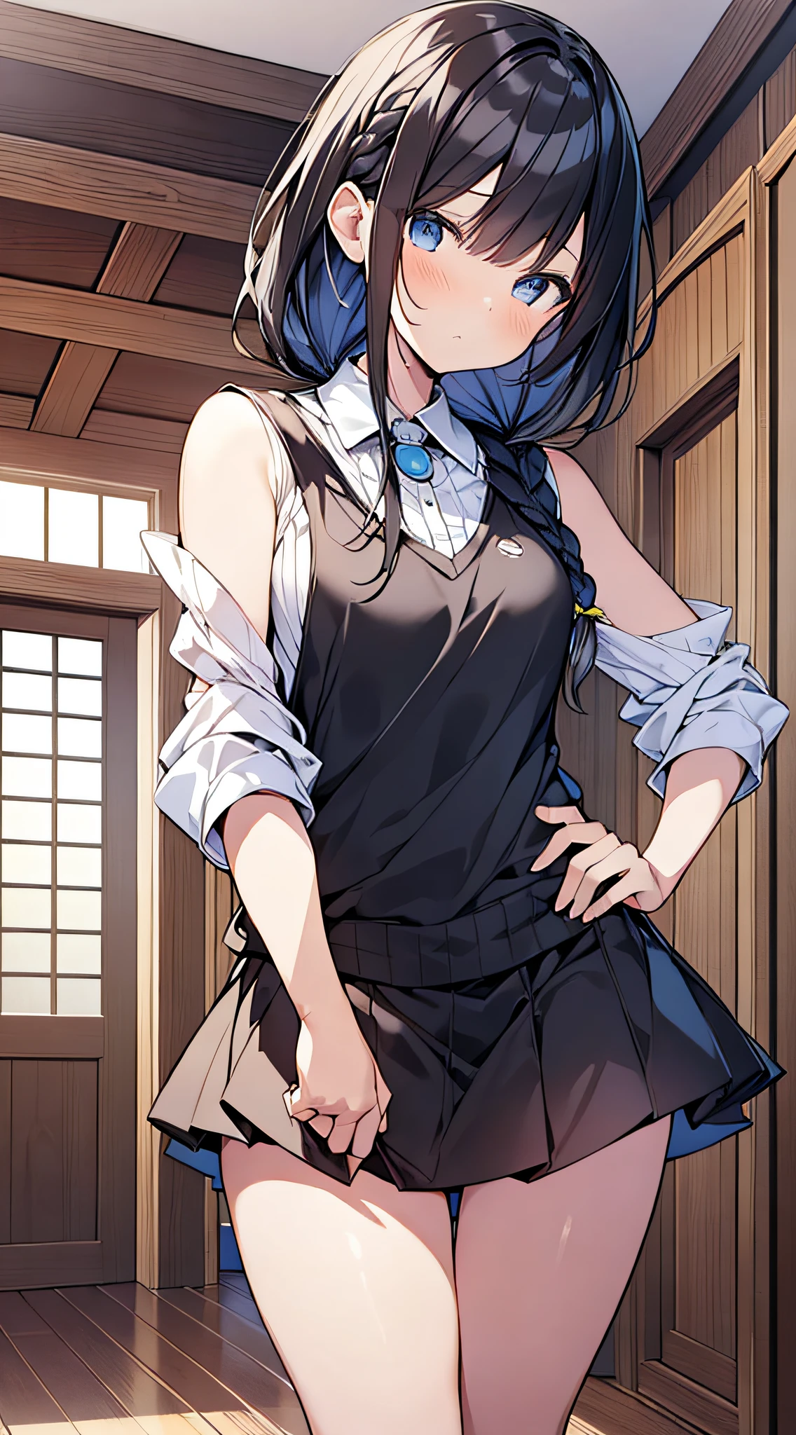 Top Quality, Best Masterpiece, Ultra High Resolution, 8K, White Sweater Vest, Anime Style Little Loli, Single, Ultra Detailed Line Art, Digital Enhancement, Anime Core, Flowing Fabric, Close Up, ((Hair length to shoulder mouth and short braid)), staring at us from the front, Soft drawing, Beautiful black hair, ((Anime style little girl)), Clear eyes, Shy face, Ultra-detailed digital anime art, clear face depictions, ultra-detailed anime character art, ultra-detailed manga style, top quality colors, hand gestures, foot-up angles, indoor