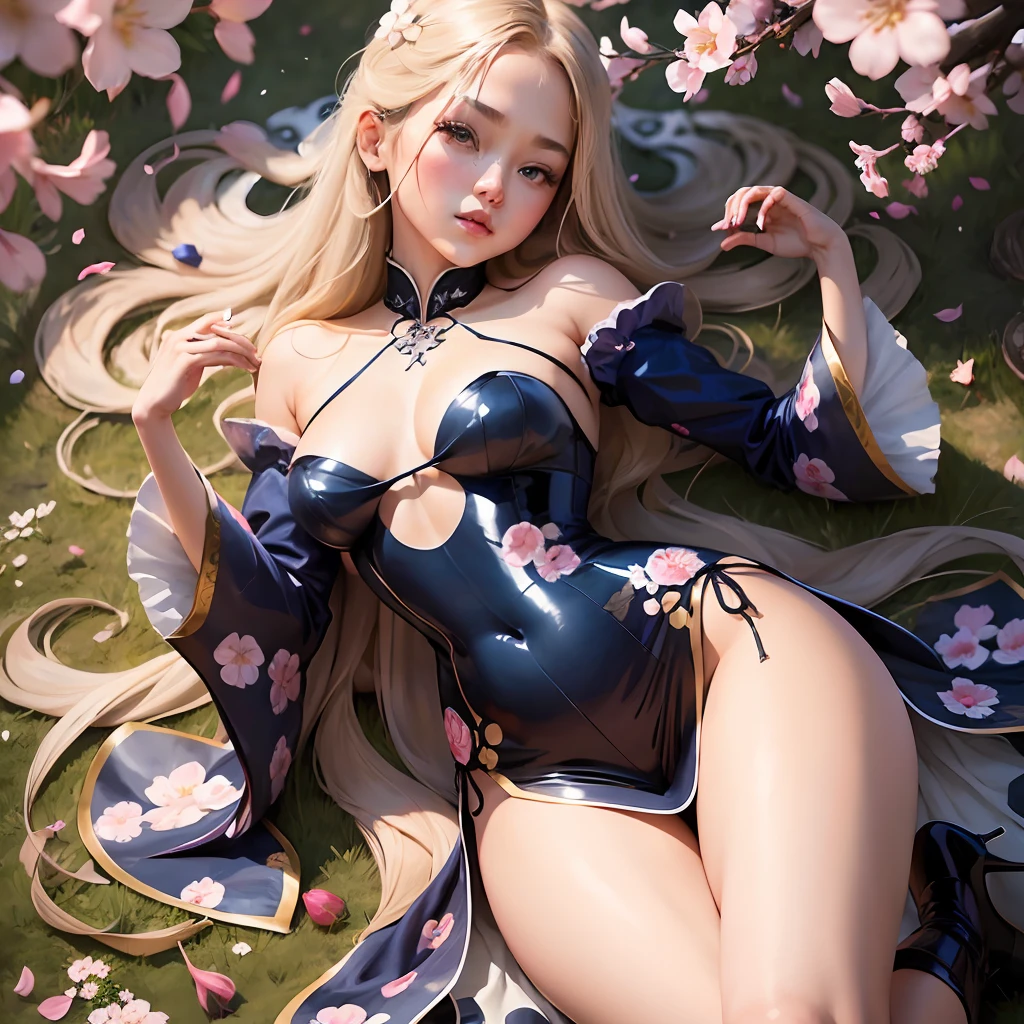 /FS,full body,perfect japanise hafu masterpiece,miniature graceful perfect body,best face,big brown eyes and fluffy eyelashes, small standing breasts,smooth graceful legs and arms,best anatomy,best legs,best hands,long highlighted hair like rapunzel, high resolution,clear focus,intricate details, cherry blossom garden background,clothes sexy qipao dress in navy blue with cherry blossom blossom patterns with deep cutouts on the sides, visible white tight-fitting feminine charms panties, skin pores, shiny perfect skin, natural skintone, on the girl's feet graceful dark blue shoes with high heels more than 10 centimeters, beautiful sexy full-length pose, photorealistic, tranding on artstantion, best light, cinematic colorgrade, highly artistic image, shot in the style of Jose Villa, artfine, 8k UHD aspect ratio 9:16 --auto --s2