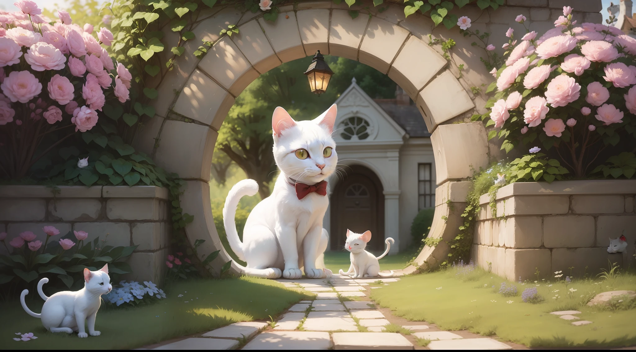 A white cat and mouse, happy, in front of a hole in the ground in a beautiful garden of a beautiful house in the background