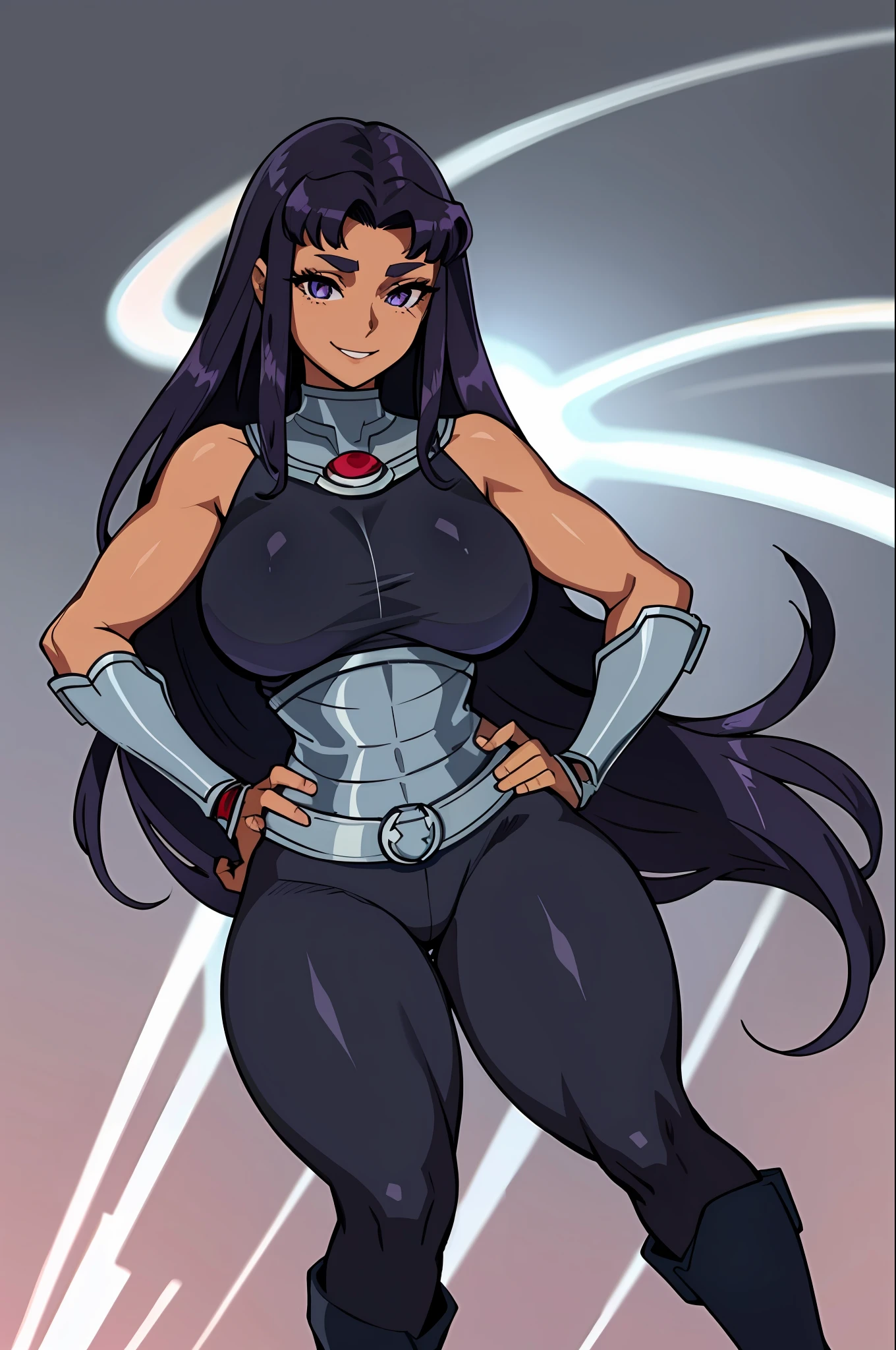 beautiful, (masterpiece:1.2), (best quality:1.2), perfect eyes, perfect face, perfect lighting, 1girl, armor, breasts, cropped legs, curvy, bodysuit, black leggings, bracers, dark-skinned female, dark skin, gorget, hand on hip, huge breasts, long hair, makeup, black hair, purple hair, sidelocks, smile, solo, thick thighs, turned around, bent over, presenting ass