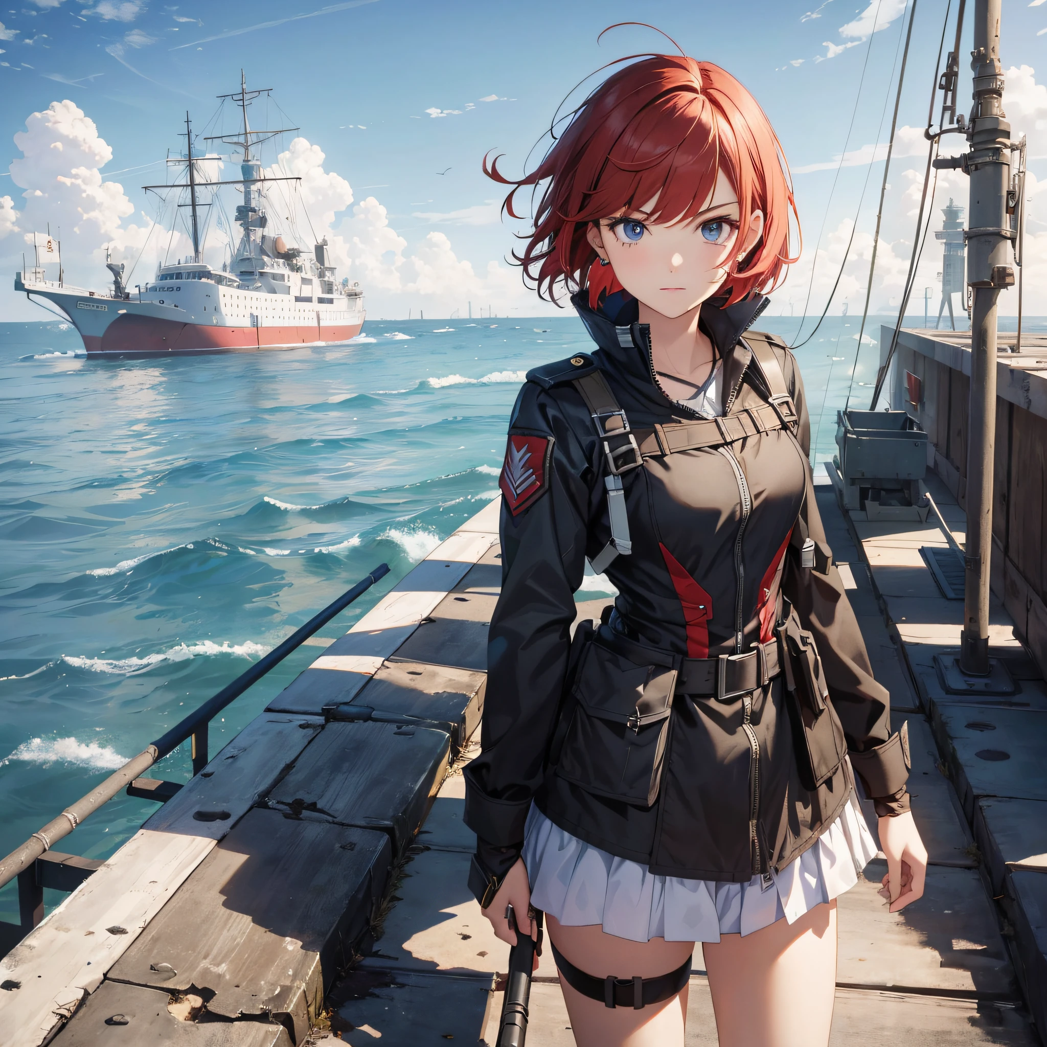 Absurd resolution, high resolution, (masterpiece: 1.4), hyper-detail, weapons testing site at an empty dock by the sea, ****ung woman, short red hair, soldier costume, very serious expression