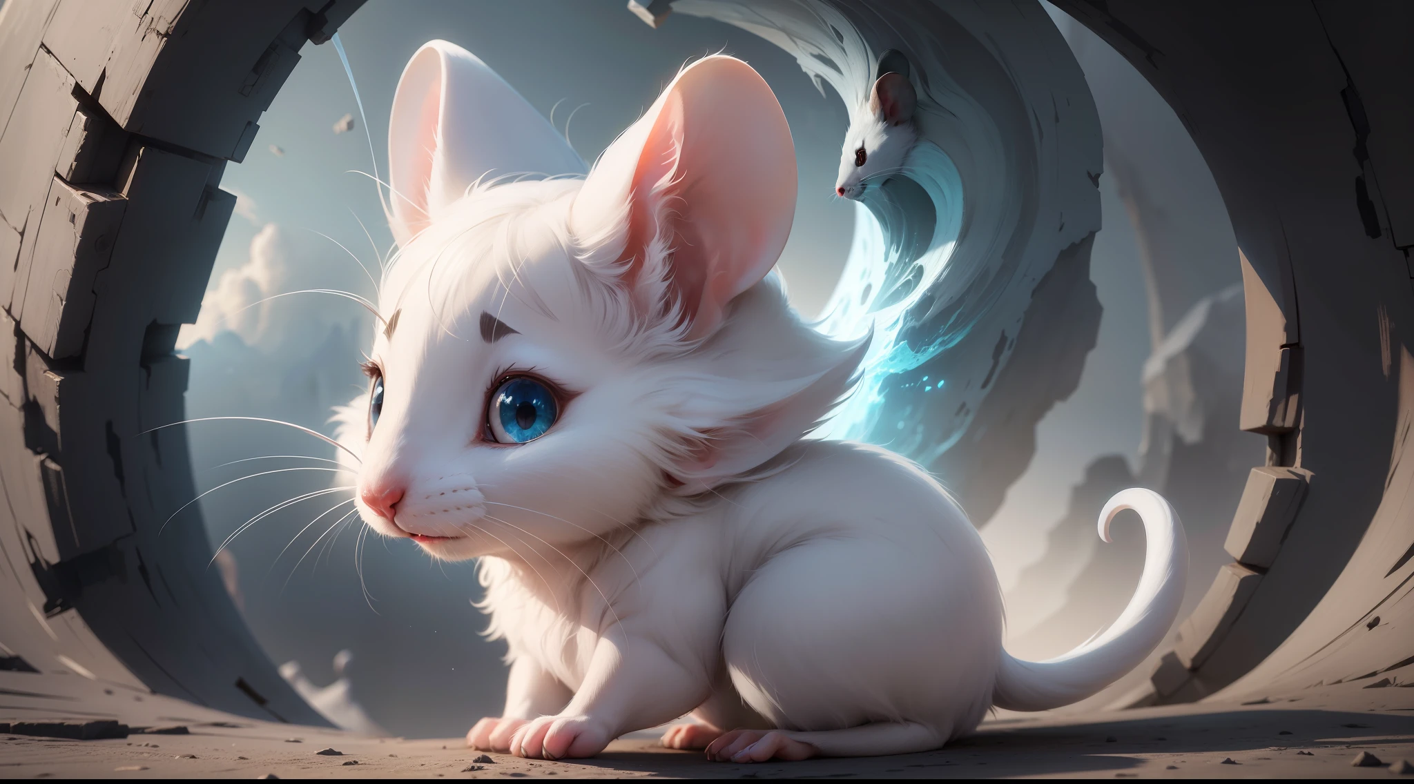 Draw a mouse, cute, white hair, alert expression on the edge of a dark hole, atmospheric perspective, from side, 8k, super detail, ccurate, best quality
