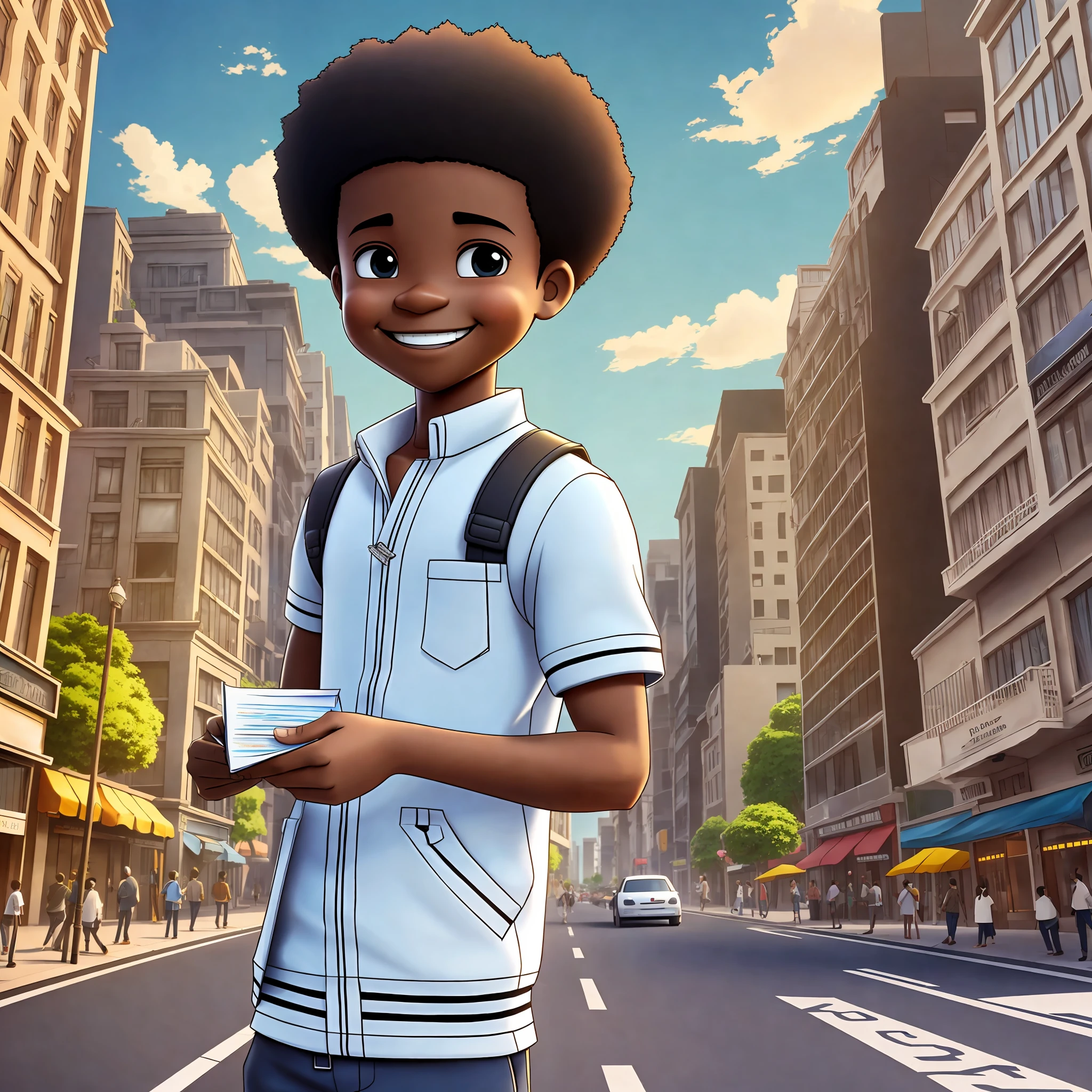 Chibi 3D cartoon character holding a small book, on a city street, black boy, (detailed facial affections)((baby))), movie art, clean shot, ghailan!, as a pixar character, handsome young man, afro, grace and blessing, (((cute smile)))), rendered in unreal, promotional image of the movie, rendered image --ar 9:16 --ar 2:3 --auto --s2