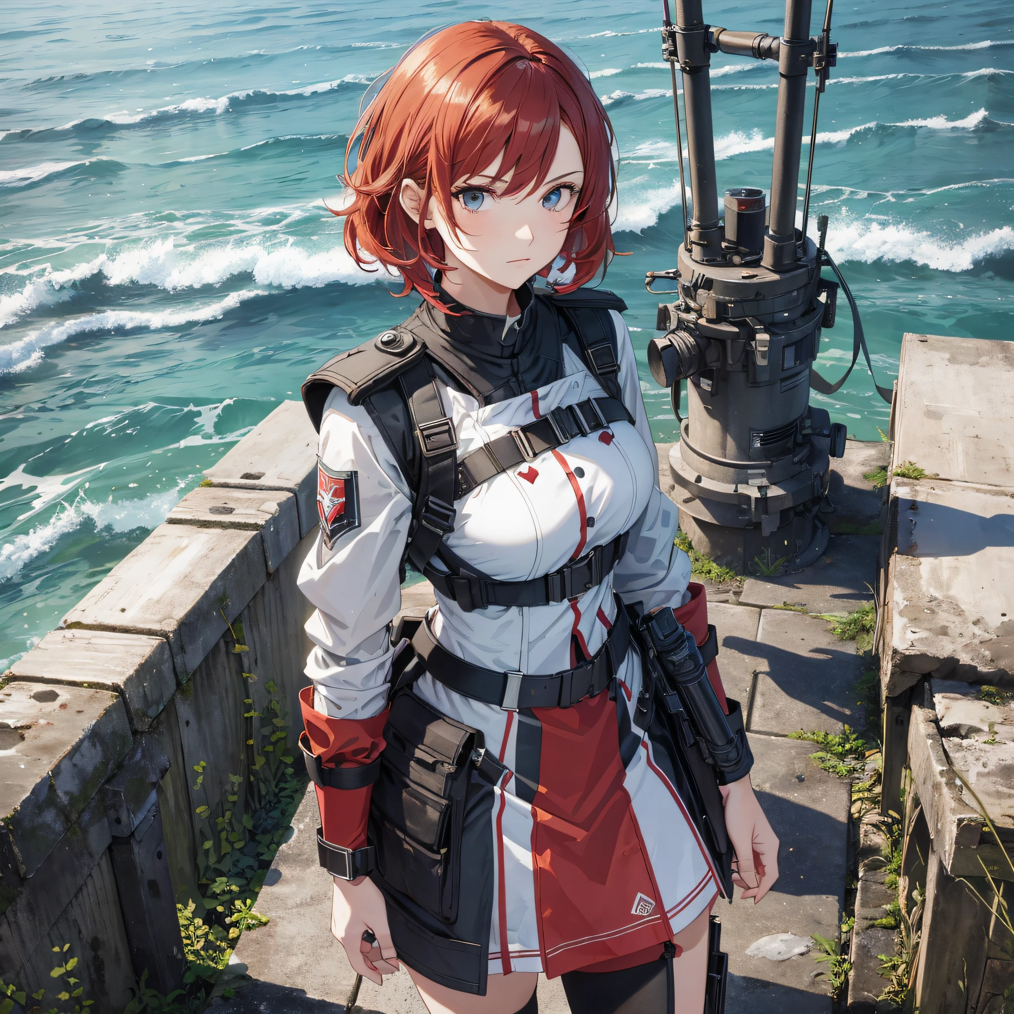 Absurd resolution, high resolution, (masterpiece: 1.4), hyper-detail, weapons testing site at an empty dock by the sea, 1 young woman, short red hair, soldier costume, very serious expression