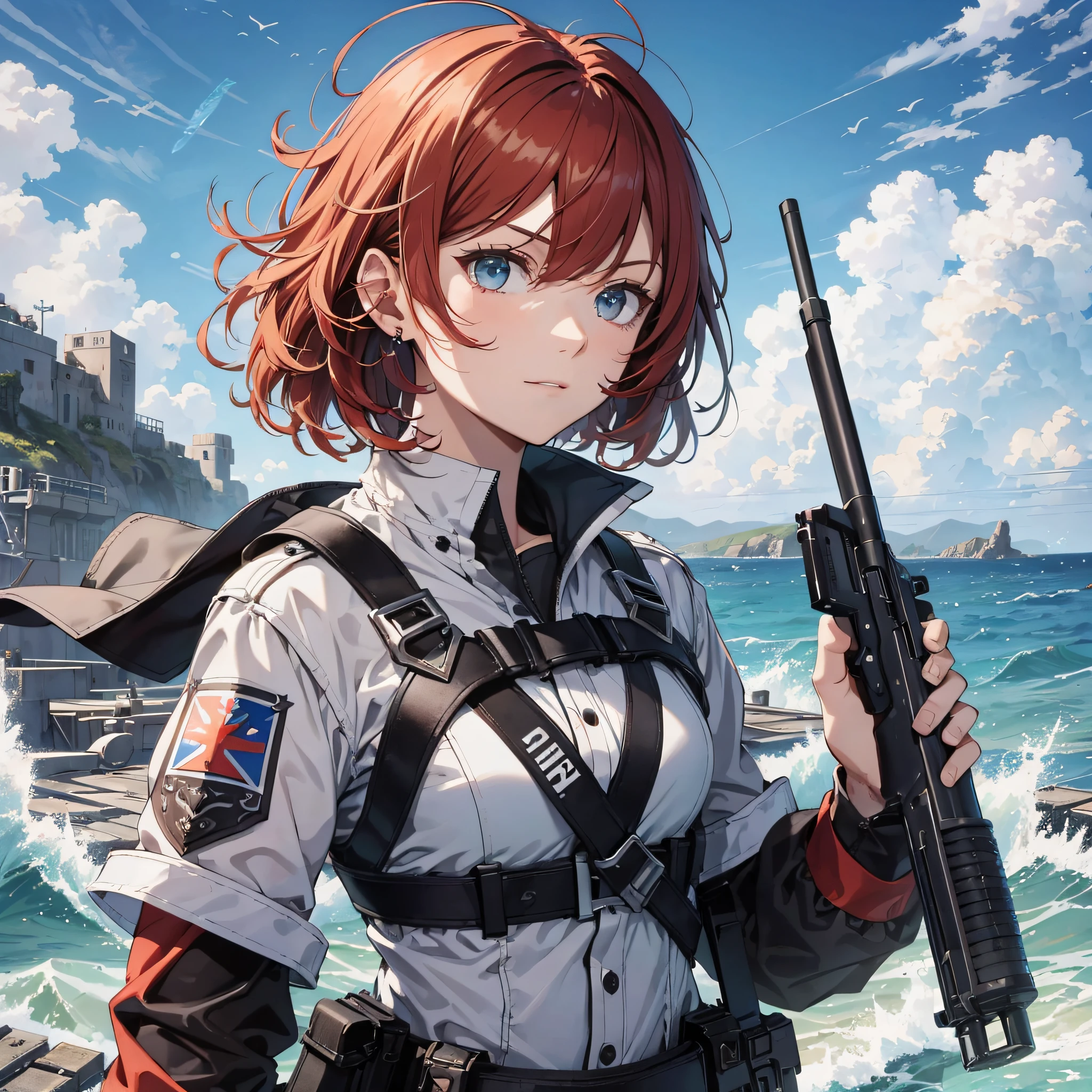 Absurd resolution, high resolution, (masterpiece: 1.4), hyper-detail, weapons testing ground at an empty dock by the sea, 1 young woman, short red hair, soldier costume, very serious expression,