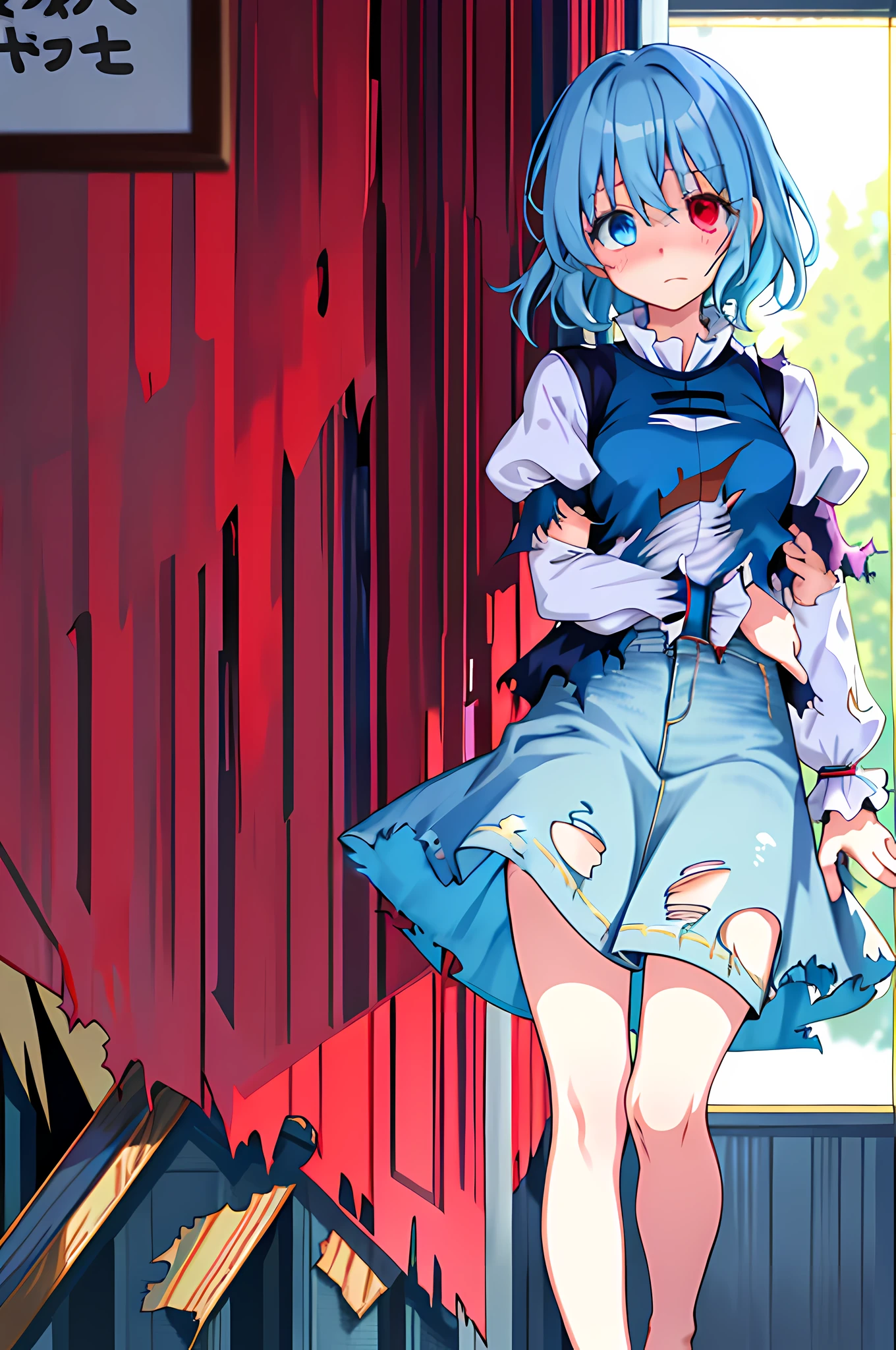 (masterpiece, best quality:1.1), solo, 1girl, tatara kogasa, blue hair, heterochromia, blue eyes, red eyes, vest, shirt, puffy sleeves, long sleeves, skirt,(torn clothes:1.2),(embarrassed:1.5)