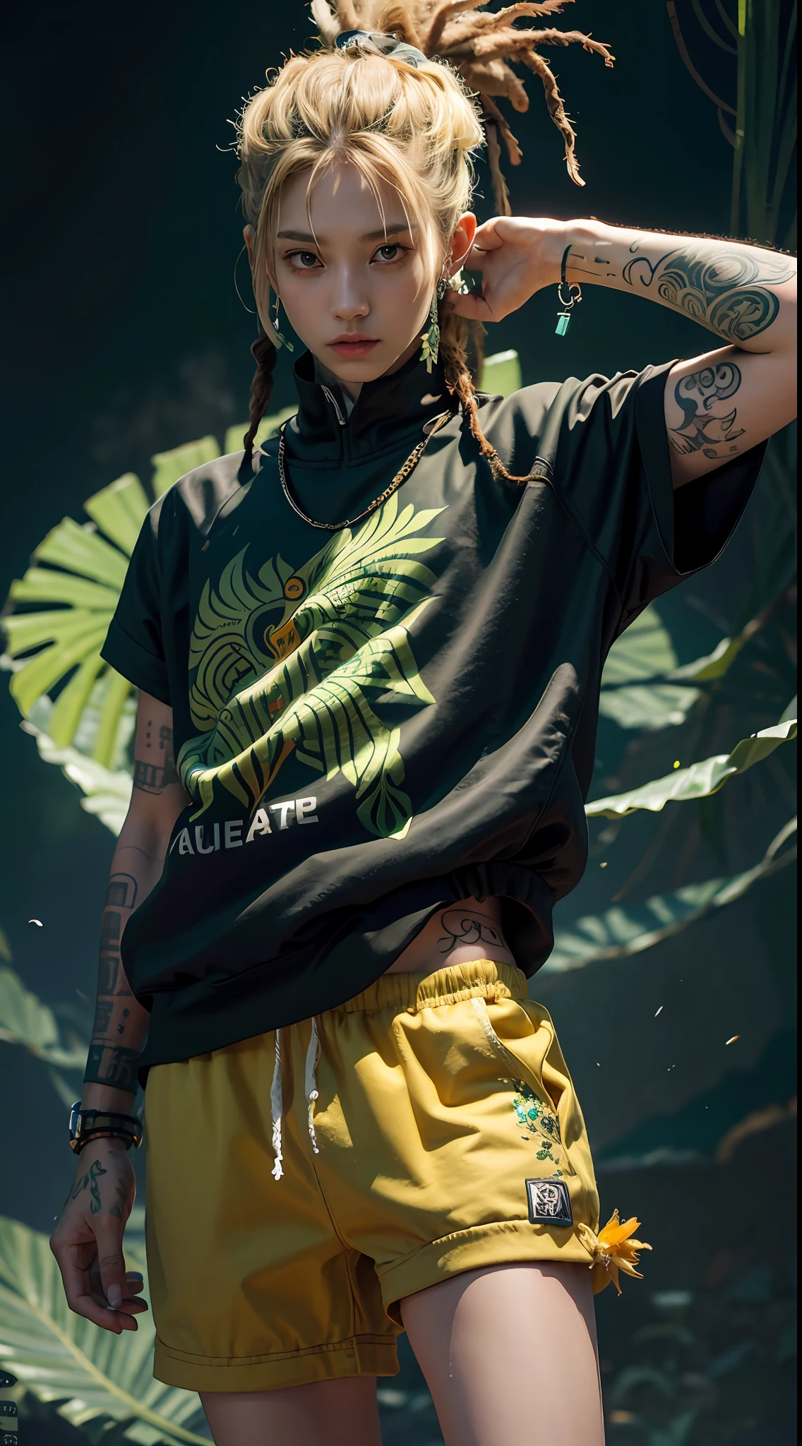 green:1.5, orange:1.1, white:1.3, yellow:1.3, (rapper with dread hair),tattoos, (power puffer clothes:1.2),fractals,flowers,leaves,fog,lines,circles background