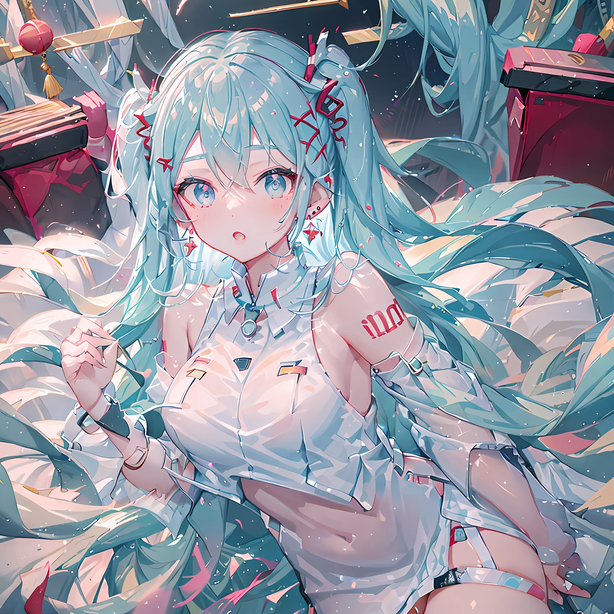 white High split cheongsam，white loli，thin，chinese，Red pupil，Earrings，Whole body, long white hair，earrings,Lie, lie on the white bed. Bracelet, earring，hairpins, bracelets, jewelry, necklaces,， white stockings, lift, reveal, lace, nice, beatuy, pretty