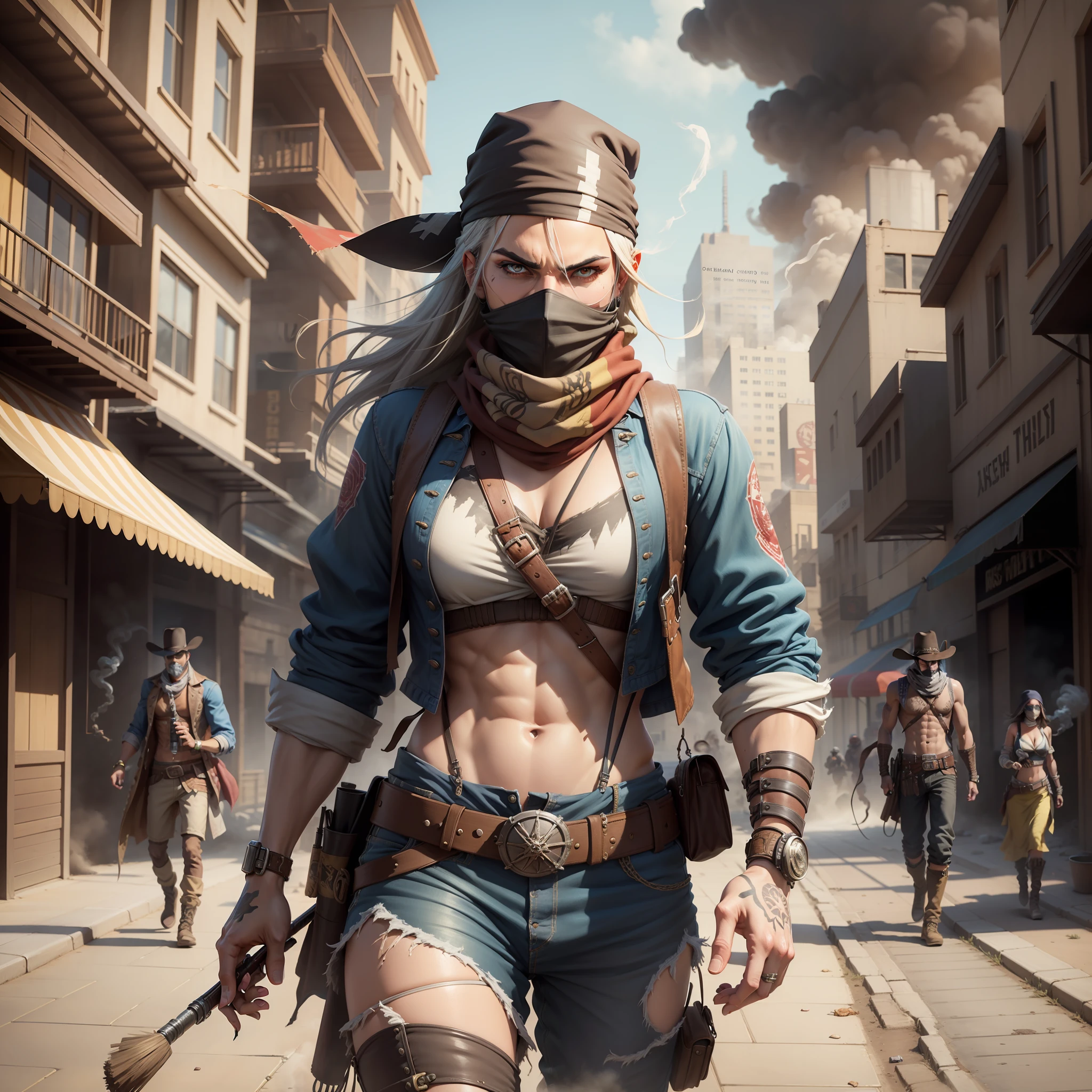 men with bandit bandana s and a woman with bandit bandana on face,coming out of a smokescreen on a city street,wild west,villain,smoke,dust,artwork,3D,4K,Detailed,Realistic