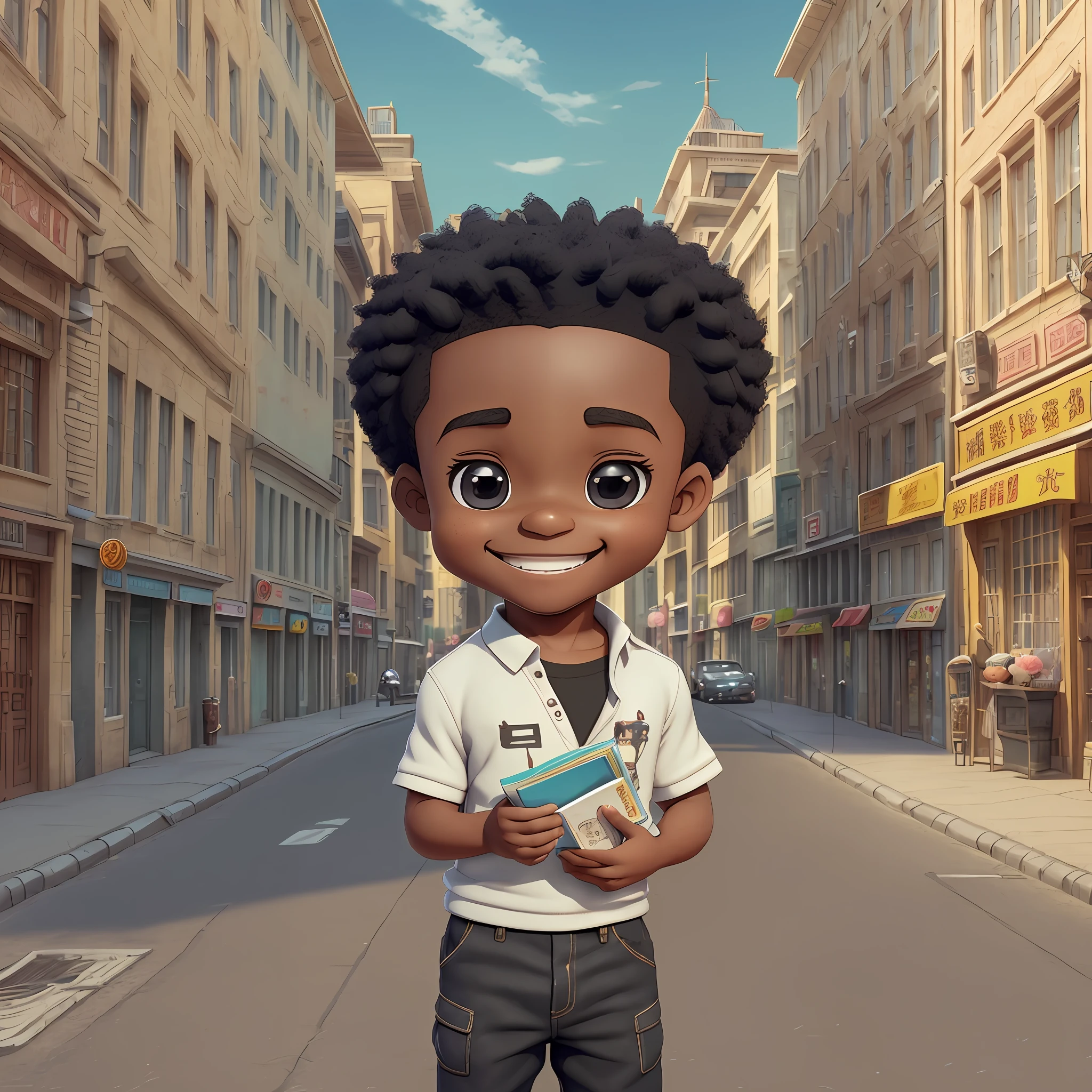 Chibi 3D cartoon character holding a small book, in a city street, black boy, (detailed facial affections)(((baby))), movie art, clean shot, ghailan!, like a pixar character, handsome young man , afro, grace and blessing, (((cute smile))), rendered in unreal, movie promo image, rendered image --ar 9:16 --auto --s2