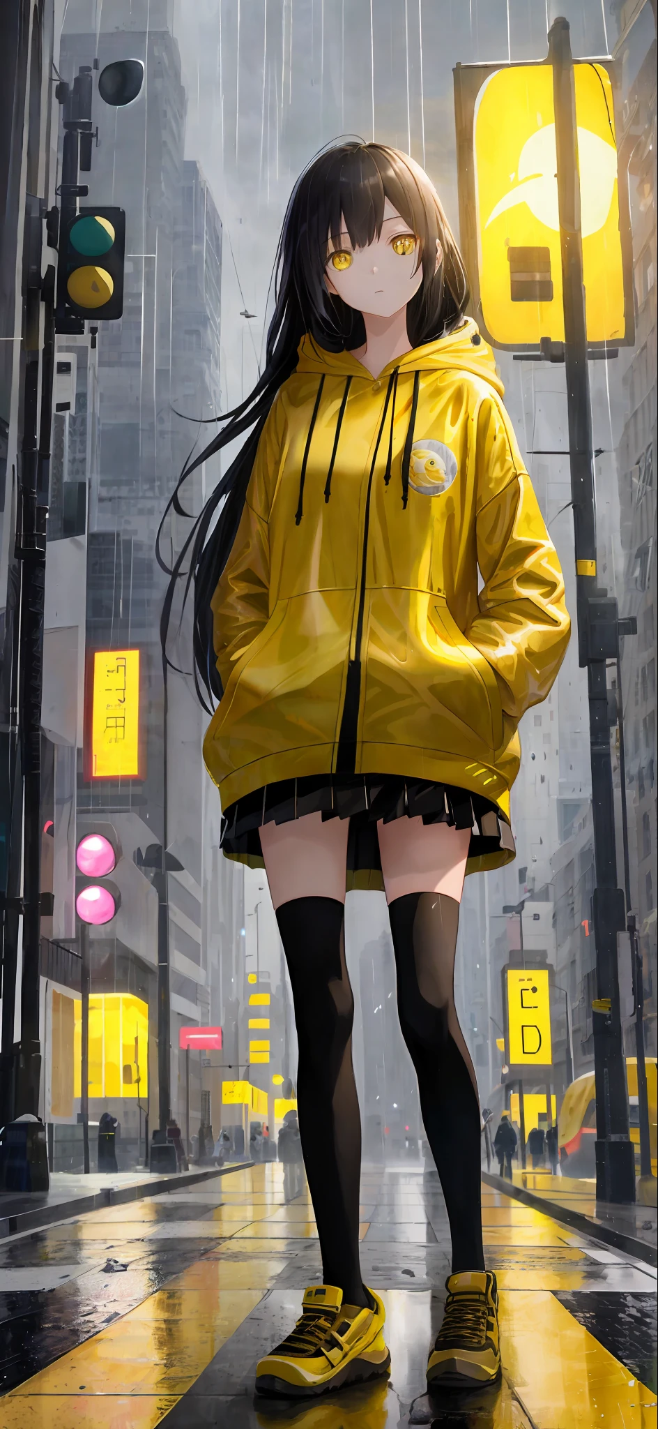 1girl, yellow jacket, it's raining, moon, street, zebra crossing, outdoor, hoodie, open jacket, looking at another person, messy long hair, trend on artstation, 8k resolution, very detailed, anatomically correct, clear image, digital painting, concept art, trend on pixiv, Makoto Shinkai style,