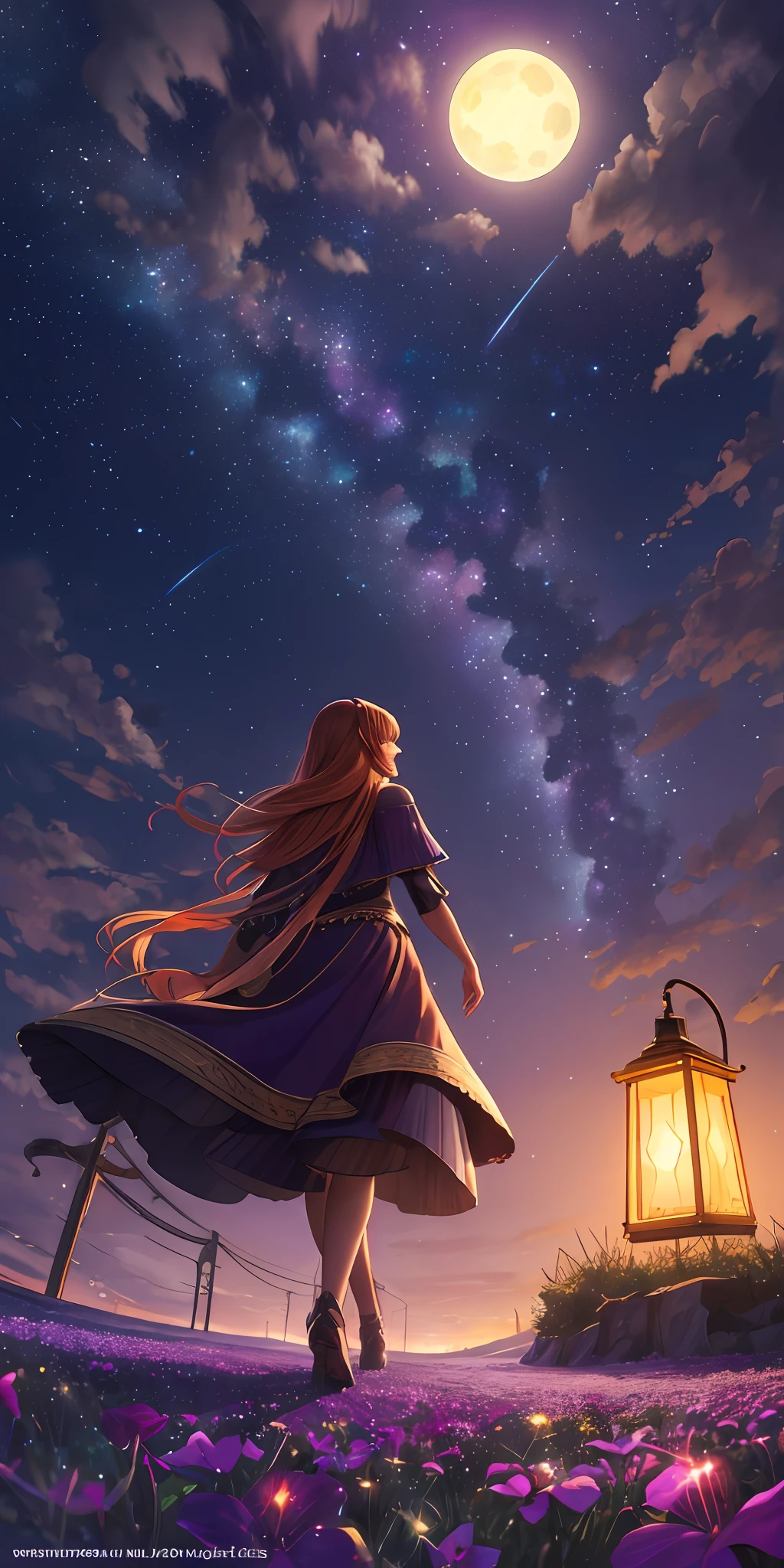 expansive landscape photograph , (a view from below that shows sky above and open field below), a girl standing on flower field looking up, (full moon:1.2), ( shooting stars:0.9), (nebula:1.3), distant mountain, tree BREAK
production art, (warm light source:1.2), (Firefly:1.2), lamp, lot of purple and orange, intricate details, volumetric lighting BREAK
(masterpiece:1.2), (best quality), 4k, ultra-detailed, (dynamic composition:1.4), highly detailed, colorful details,( iridescent colors:1.2), (glowing lighting, atmospheric lighting), dreamy, magical, (solo:1.2)