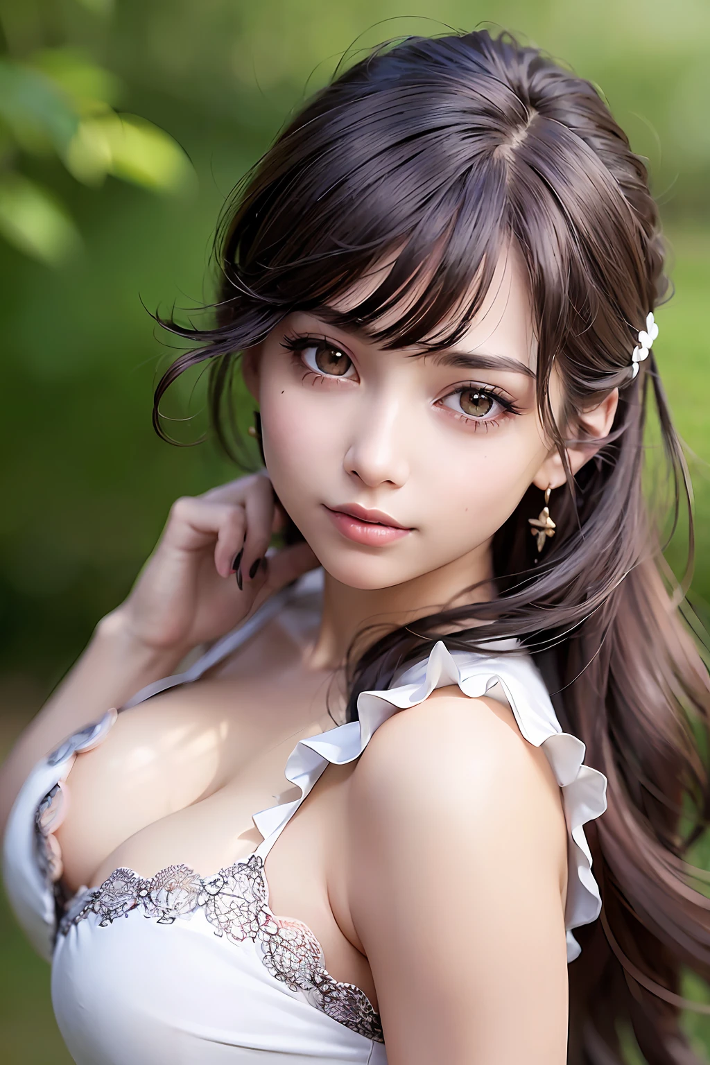 (a extremely delicate and beautiful girls, animification, Beautiful detailed girl, extremely beautiful detailed face and eyes, cowboy_shot, from_above, leaning_forward, extremely detailed body, abs, girl, young, 18 years old, medium hair, wavy hair, wept bangs, side ponytail, light brown hair, beautiful detailed hair, delicate beautiful face, seductive smile, beautiful and detailed eyes, large_breasts, brown eyes, Authentic skin texture), ( gyaru , tied blouse ,open blouse , cleavage , wearing school girl), noon, beautiful and clear background, grass background, backlighting, magazine cover, extremely detailed 8K wallpaper, very precise detailed,