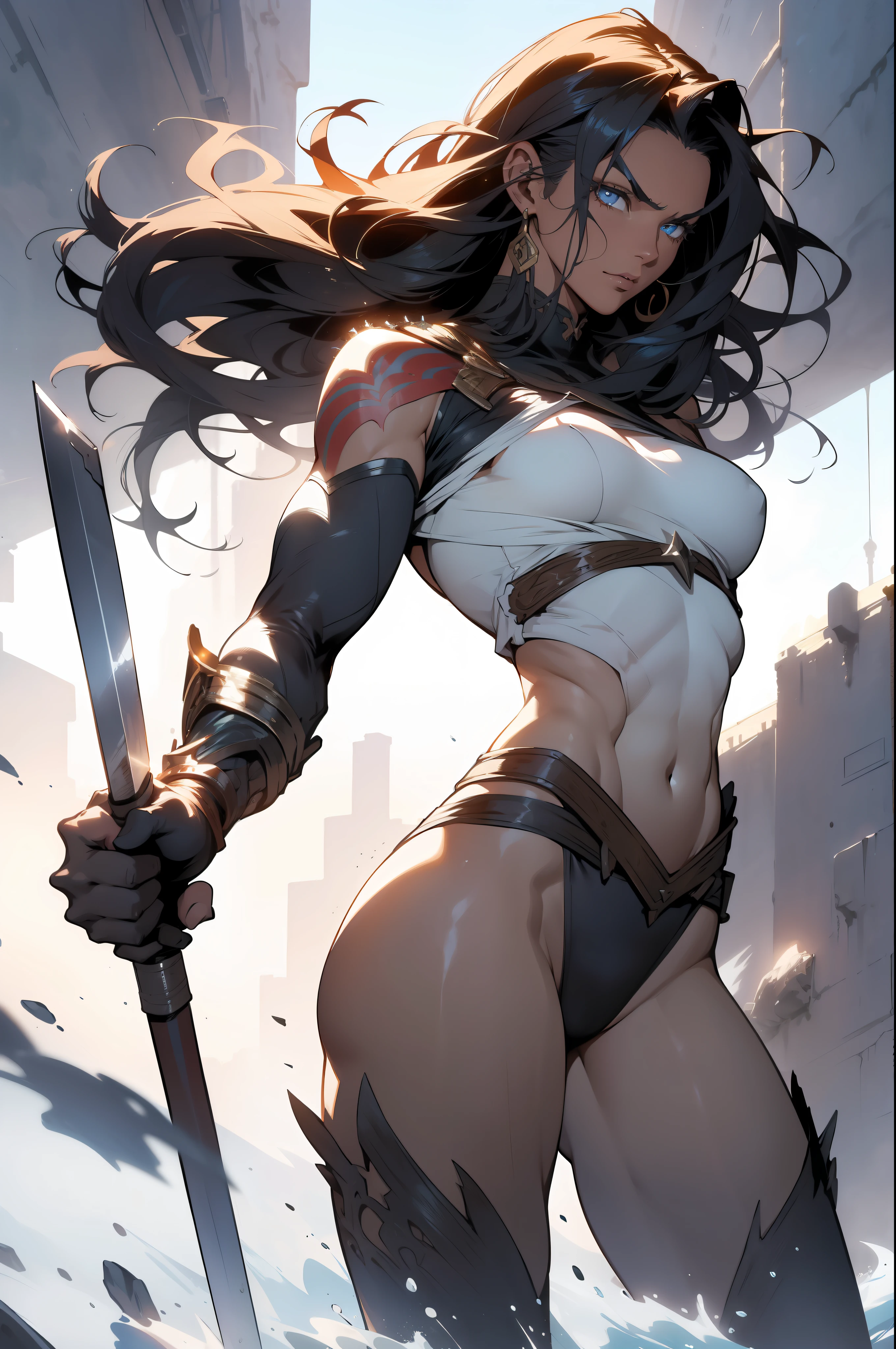 ((Simon Bisley)), Beautiful full-bodied woman, 30 years old, muscular and perfect body, warrior taken from the stories of Conan the barbarian, with little clothing, tiny thong, large , generous neckline, holding a huge hammer, undefined race, light blue eyes, fantastic art clothes, light hair fulfilled straight, brave face, dark kingdom, sexy po on a moon and foggy night