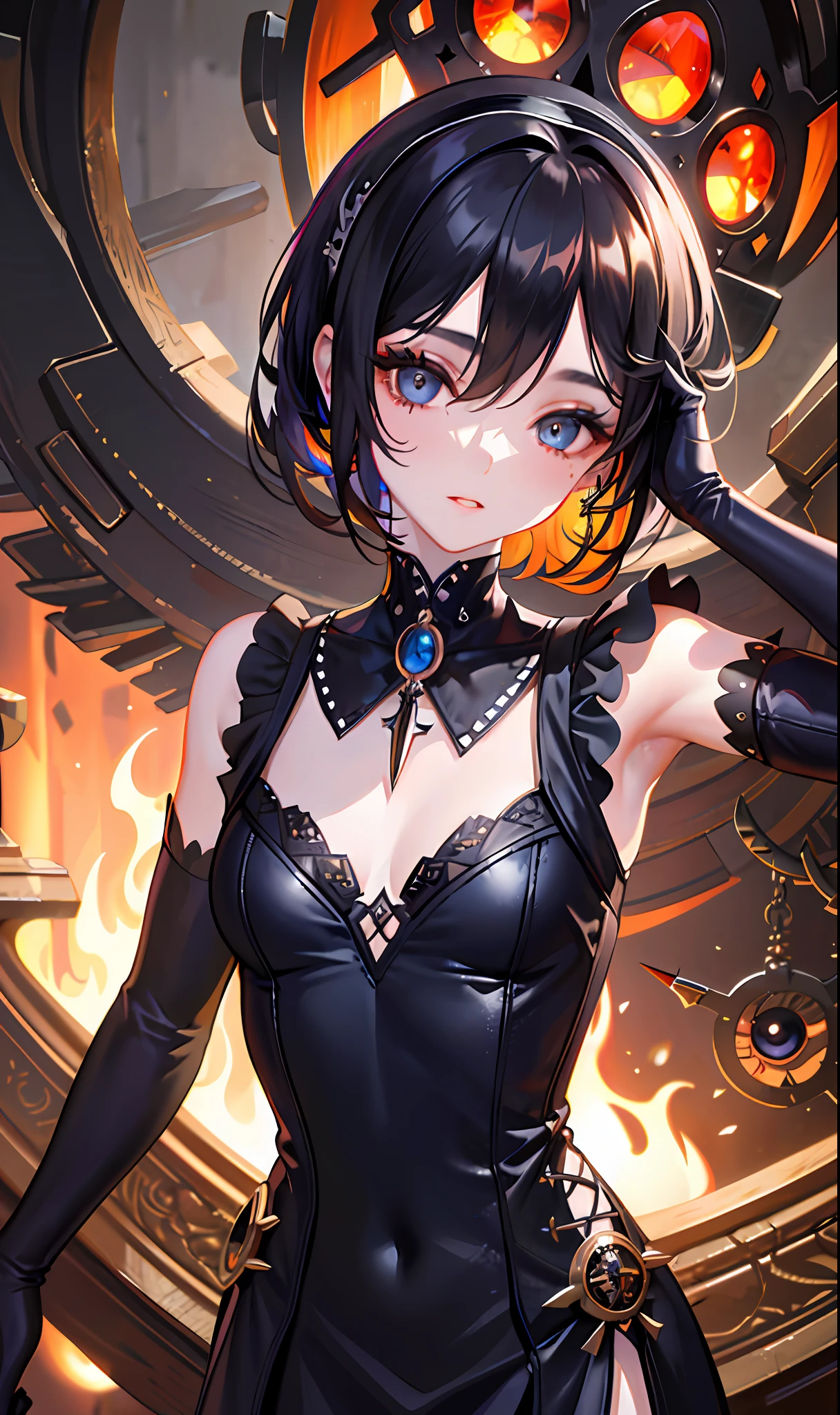 (masterpiece, sidelighting, finely detailed beautiful eyes: 1.2), (masterpiece*portrait), portrait, (bust), realistic, 3d face, lusious skin, ((solo)), (face close-up), (fire opal-like one-eyed), (obsidian prosthesis), hanging eye angle, ((high-detail skin, visible pores)), (perfect body), a beautiful steampunk girl, small breasts, ((gothic style dress)), (neck ring), (short gloves as short as half a palm)