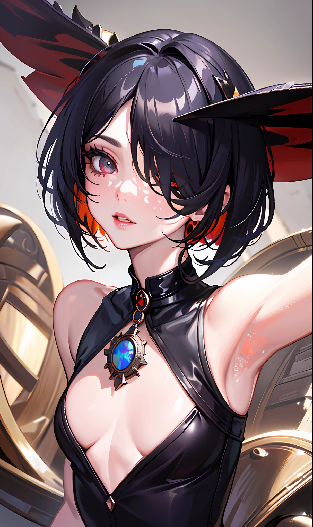 (masterpiece, sidelighting, finely detailed beautiful eyes: 1.2), (masterpiece*portrait), portrait, (bust), realistic, 3d face, lusious skin, ((solo)), (face close-up), (fire opal-like one-eyed), (obsidian prosthesis), hanging eye angle, ((high-detail skin, visible pores)), (perfect body), a beautiful steampunk girl, small breasts, ((gothic style dress)), (neck ring), (short gloves as short as half a palm)
