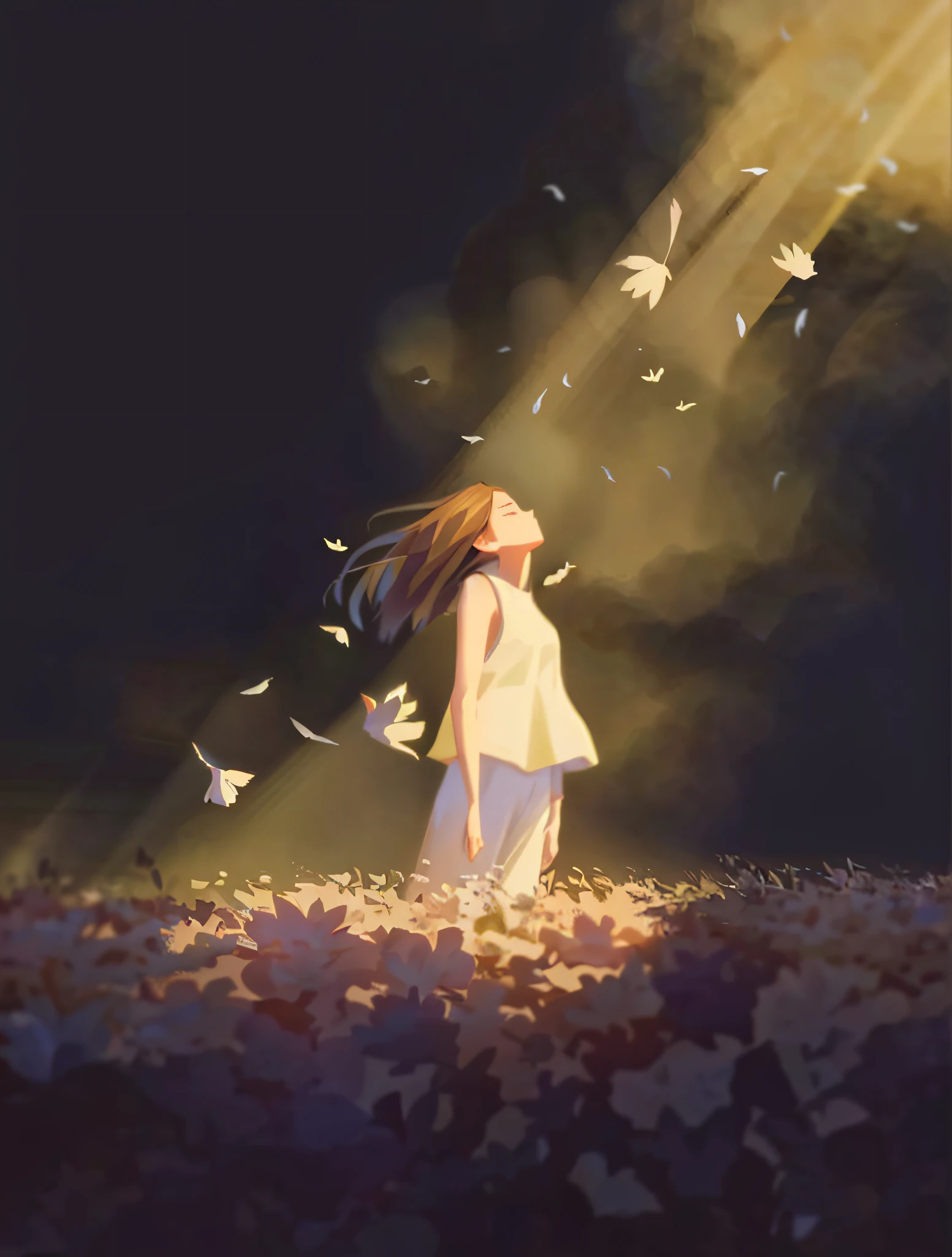 a girl standing in a field with birds flying around her, atey ghailan 8 k, anime beautiful peace scene, anime art wallpaper 8 k, makoto shinkai cyril rolando, by Atey Ghailan, anime atmospheric, inspired by Atey Ghailan, anime picture, daytime ethereal anime, beautiful anime scene, anime visual of a cute girl