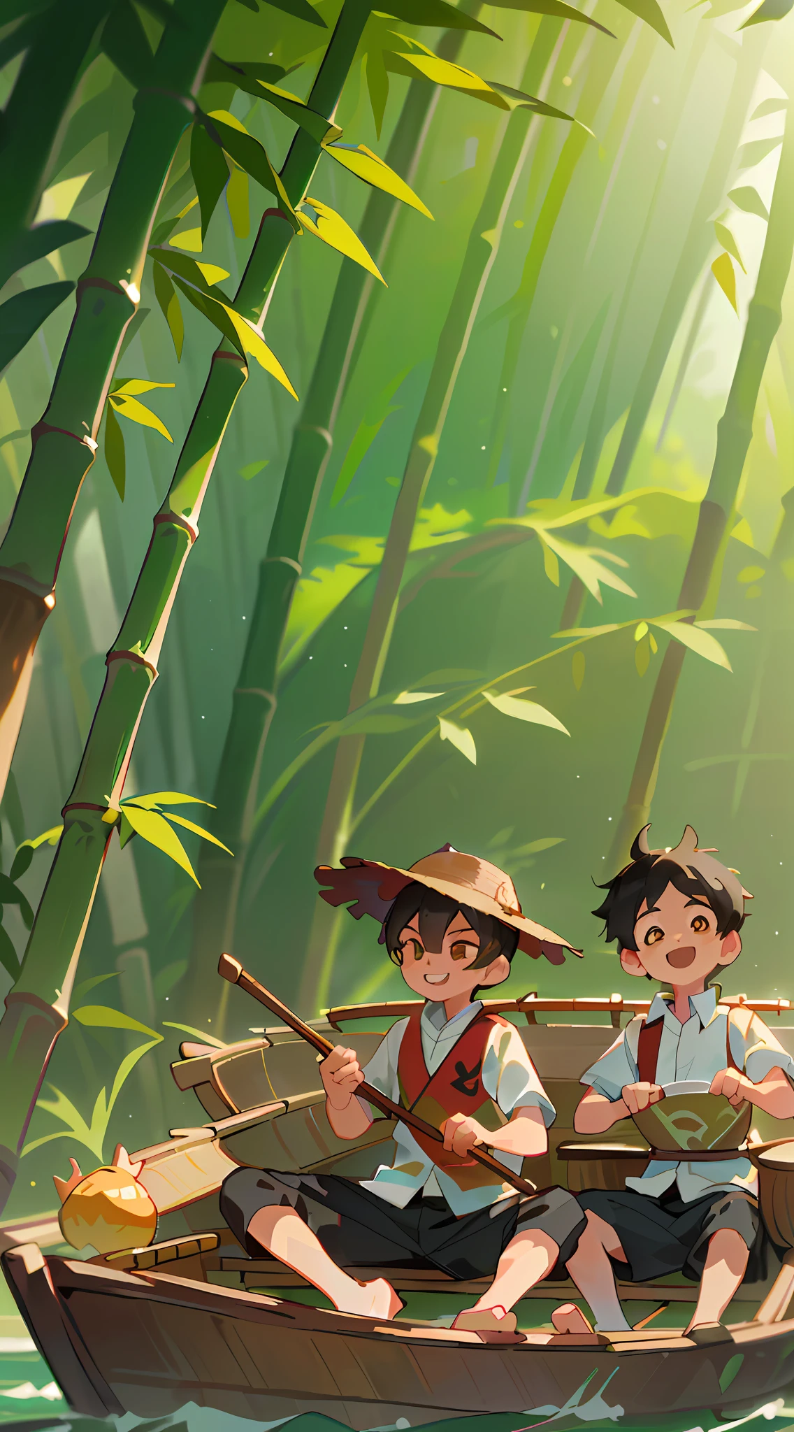 UHD, (HD resolution: 1.2), skin radiance, (best quality: 1.1), (masterpiece), (best quality), smile, (beautiful and detailed face), (beautiful detail eyes), 8K, surrounded by bamboo forest, ((two boys playing)), boating, dragon boat festival, outside, cute, dragon boat,