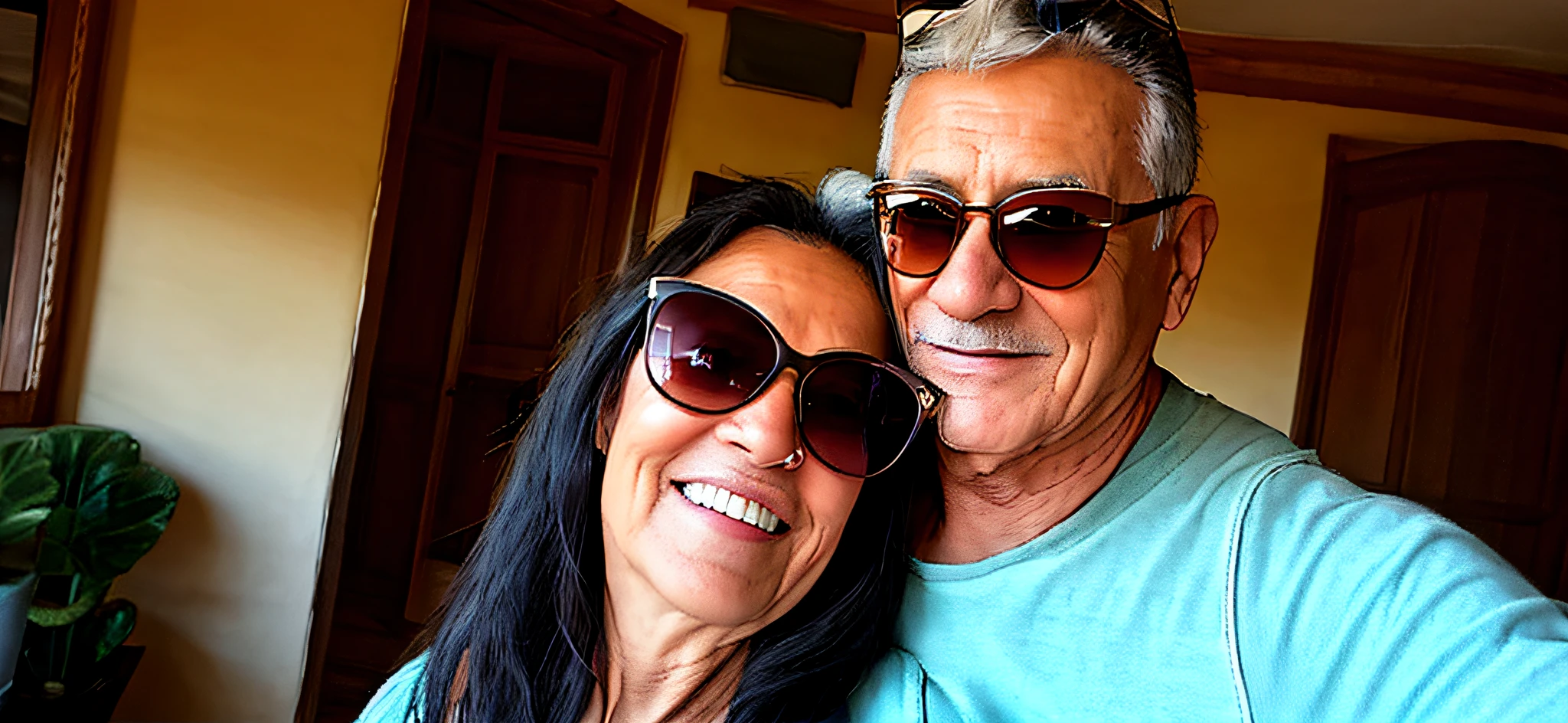 they are posing for a selfie in their house with sunglasses, profile picture, mom and dad, couple, reddit post, happy couple, profile picture, anime, facebook post, by Nándor Katona, 65 yo, photo taken on 2 0 2 0, taken in early 2020, 5 0 years woman