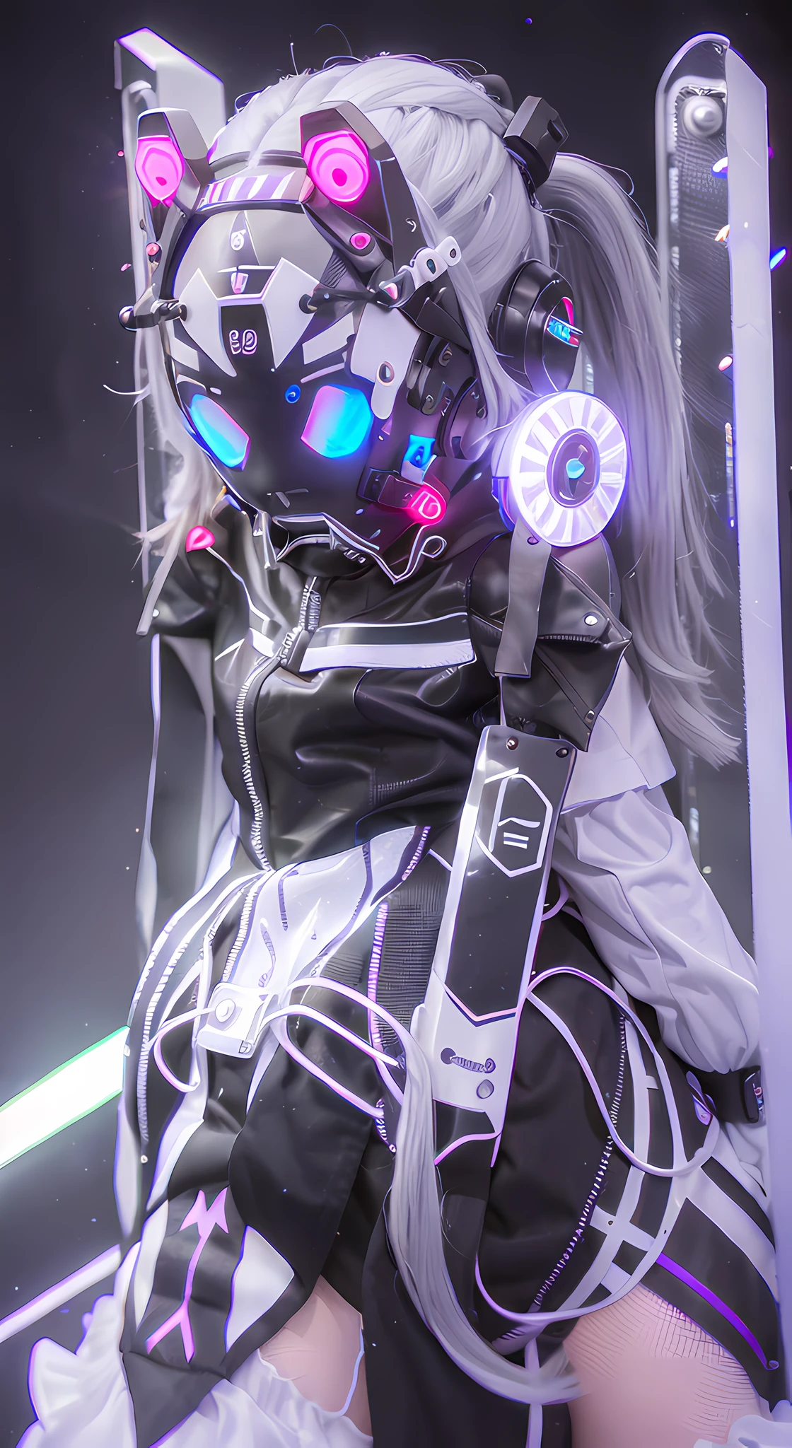 A double ponytailed loli, futuristic cyborg, LED lights and halo, dressed in black, white and gray