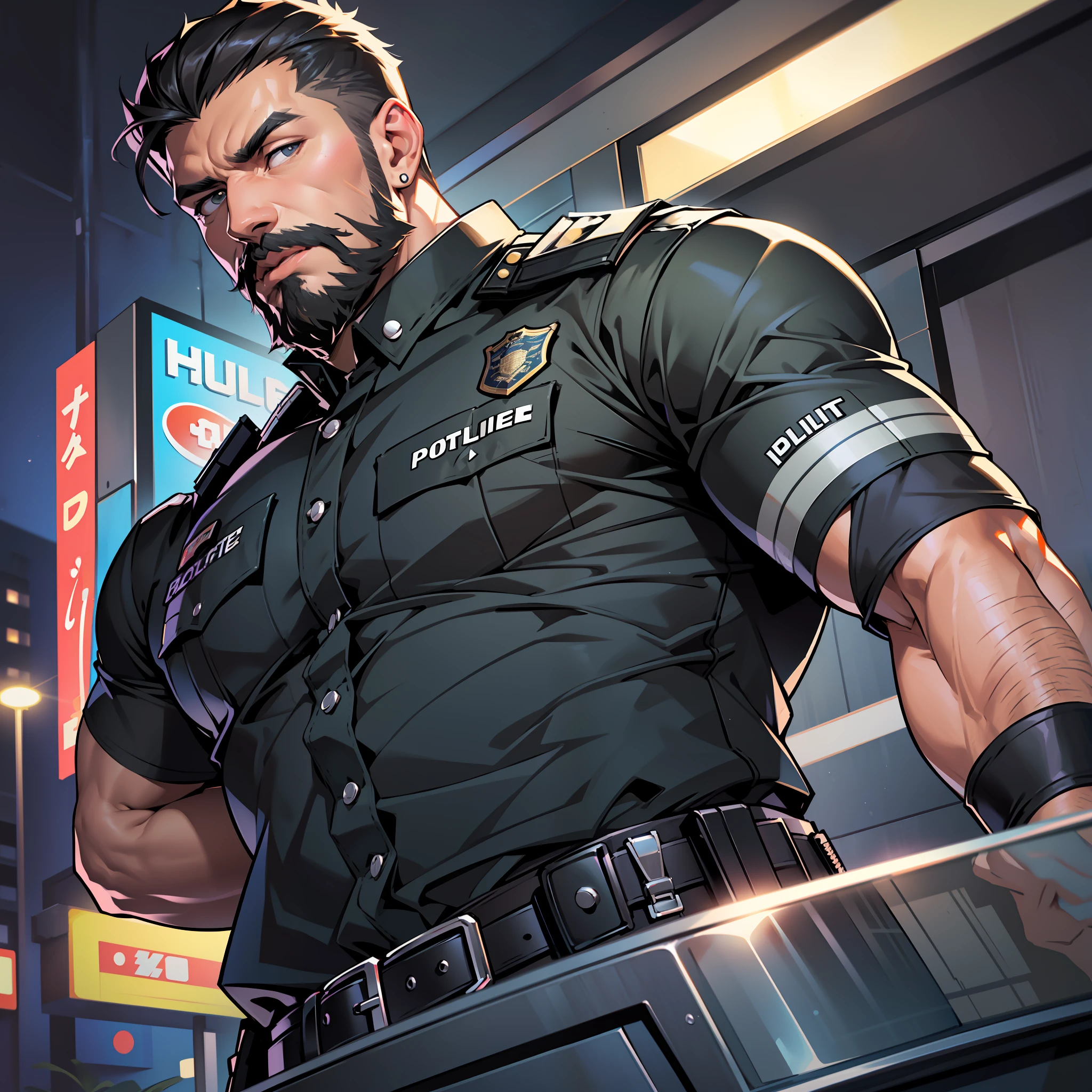 best quality, masterpiece, super high resolution, detailed background, realistic, illustration, single, 1 boy, muscle man, beard, SWAT, hotel, muscle, facial hair, volumetric lighting, depth of field, black clothes, full clothes, black sleeves, ((black police uniform)), panting, raised crotch, back hand