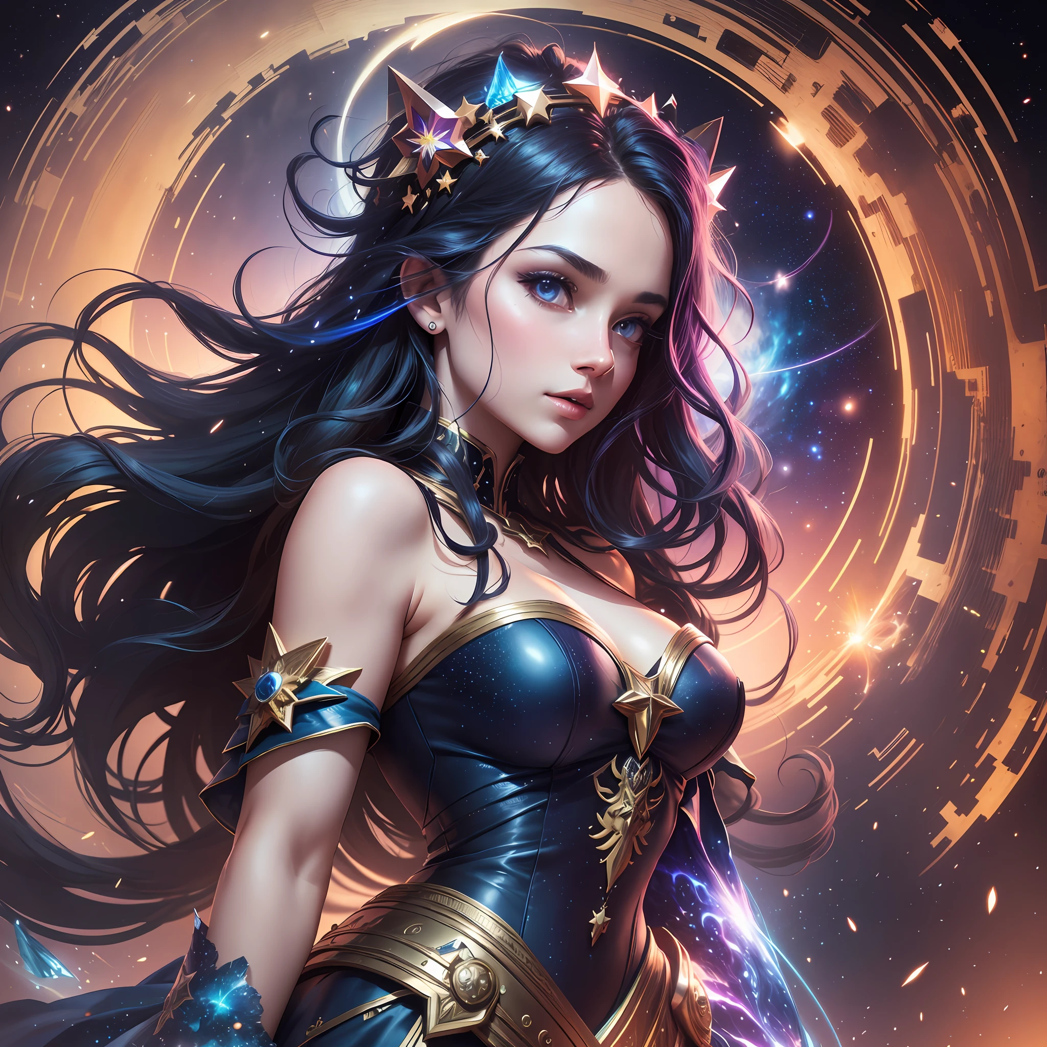 masterpiece, best quality, UHD, spectral, splash Ink, cosmic colors, cosmic scenary, (1girl), 20s, upper body, navy long hair, high detailed eys, high detailed face, besta quality production, colored eys, stars background, time godess, wearing cosmic style dress, by Artgerm and Greg Rutkowski, 12k, high resolution, cinematic lights, cinematic production, cinematic wallpaper