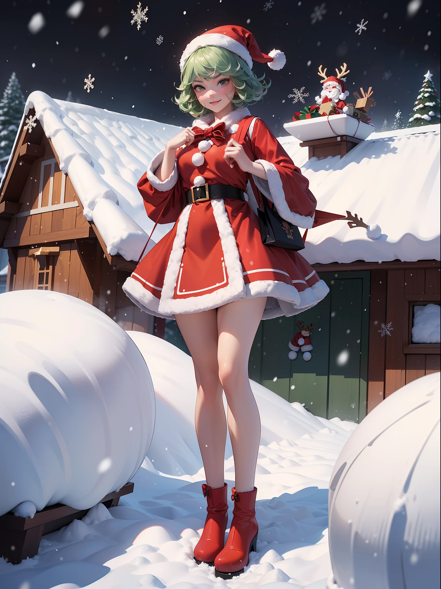 ((Full body+standing up)), Tatsumaki, ((wearing a Santa Claus outfit with+holding a gift bag)), She is smiling, looking at the viewer, ((it's snowing+on top of a house roof+with a reindeer sleigh)), Hyperrealism, 16k, best quality, high details, masterpiece, UHD, anatomically correct, textured skin,cartoon ,real