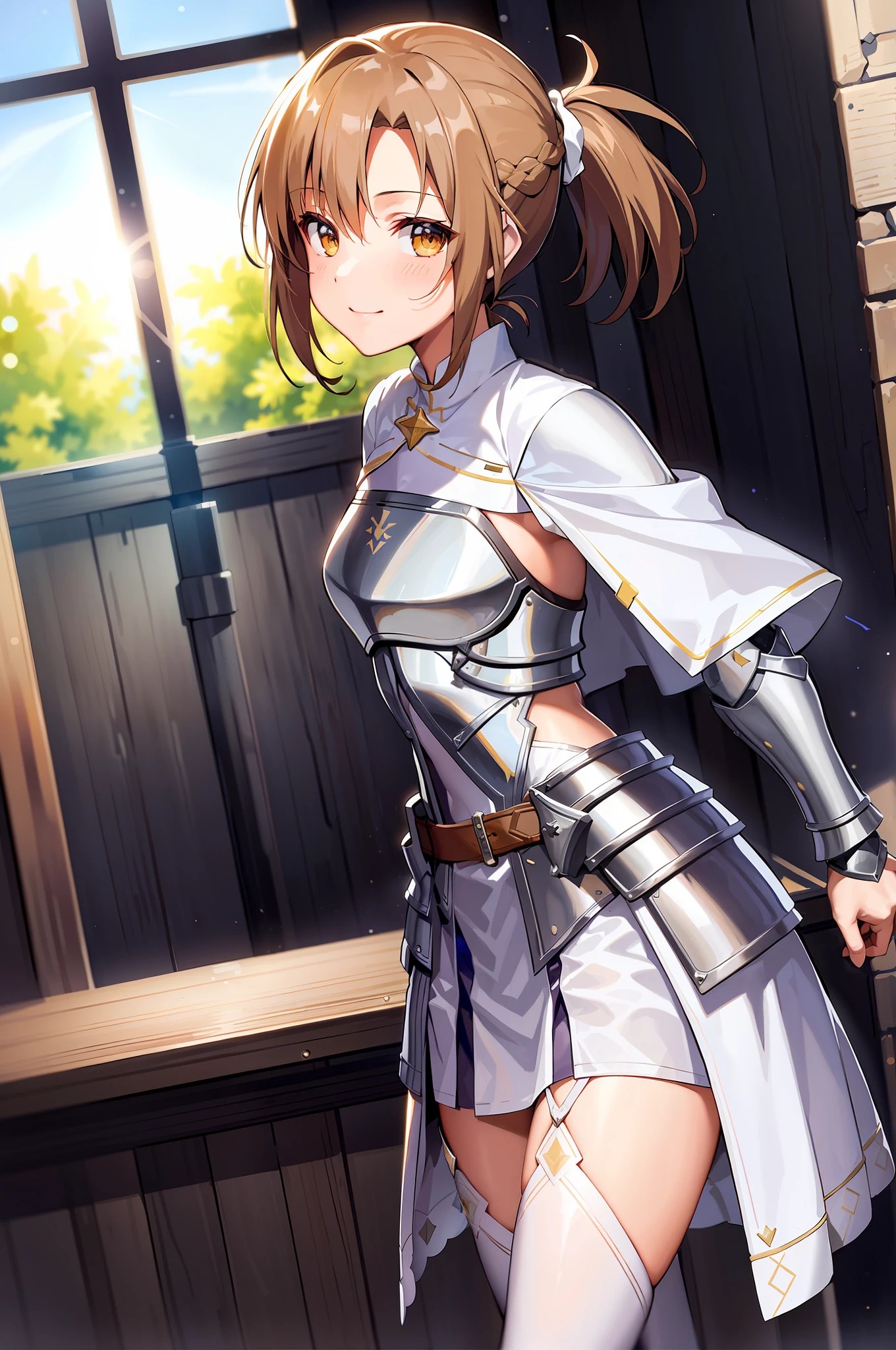 asuna, asuna_\(sao\), (1girl,solo) ,fantasy, highres, 19 yo, original, (wear in a sheath on waist:1.3), smile, (white knight wizard long cape:1.55), short hair, medium breasts, looking at viewer, bangs ,detailed hazel brown eyes, beautiful background, ((morning sun,Western-style private room)), hands on the chest,(brown hair,short ponytail:1.5), (platinum knight wizard full armor:1.55),short hair, standing,straight-on, abec,(full body:1.1), white thighhighs,(abec:1.4),