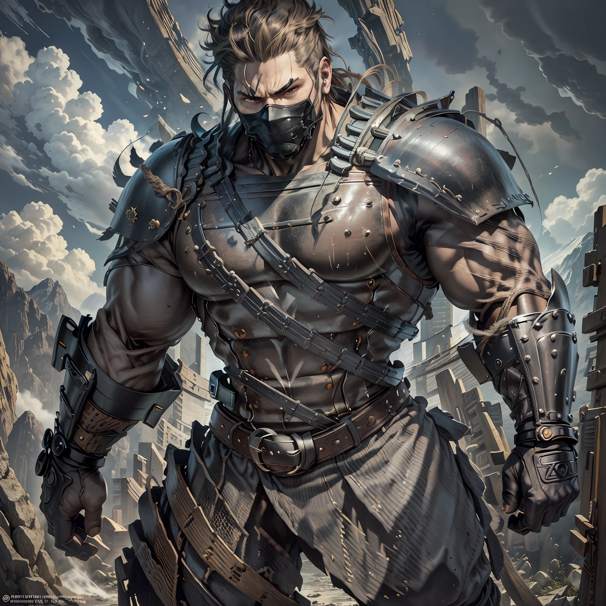 Man 25 years, athletic body, detailed biceps and triceps, jaw with black mask, thick aesthetic neck, beautiful big eyes, samurai hair, strong forearm, defined abdomen, large pectoral, angry look, legs armored by black technological suit, large legs defined, high quality, warrior, full body vision, mountains background, 4k, extremely detailed, Unreal Energy 5. --auto --s2