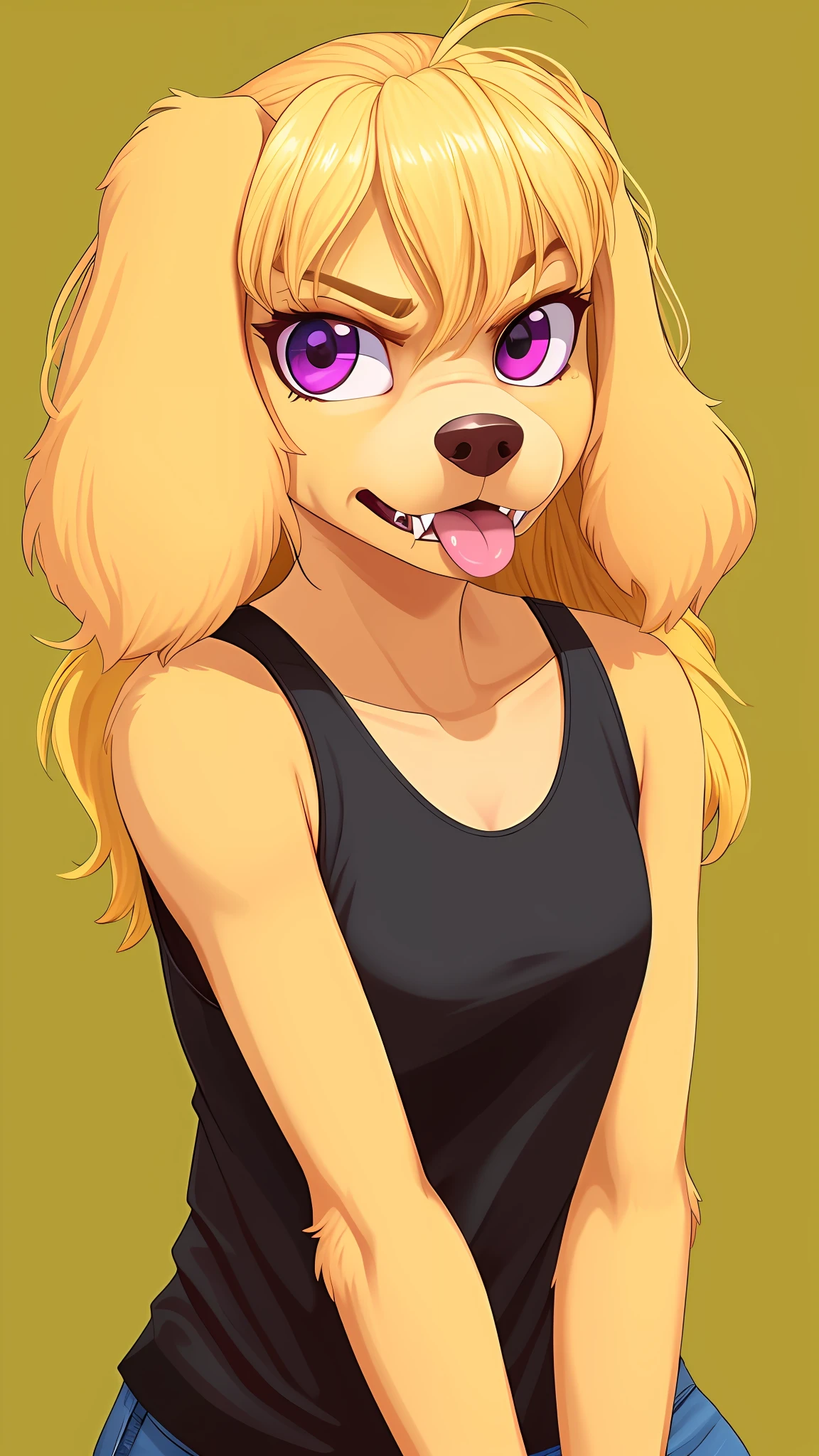 1girl, solo, furry female, tongue, purple eyes, furry, animal ears, dog girl, dog ears, animal nose, upper body, portrait, snout, blonde hair, teeth, collarbone, shirt, black shirt, tank top, angry, snarl, body fur, fangs, flat color, sleeveless shirt, looking at viewer, yellow fur, blonde fur, solid color fur, spaniel, golden retriever, ears as hair, lop ears