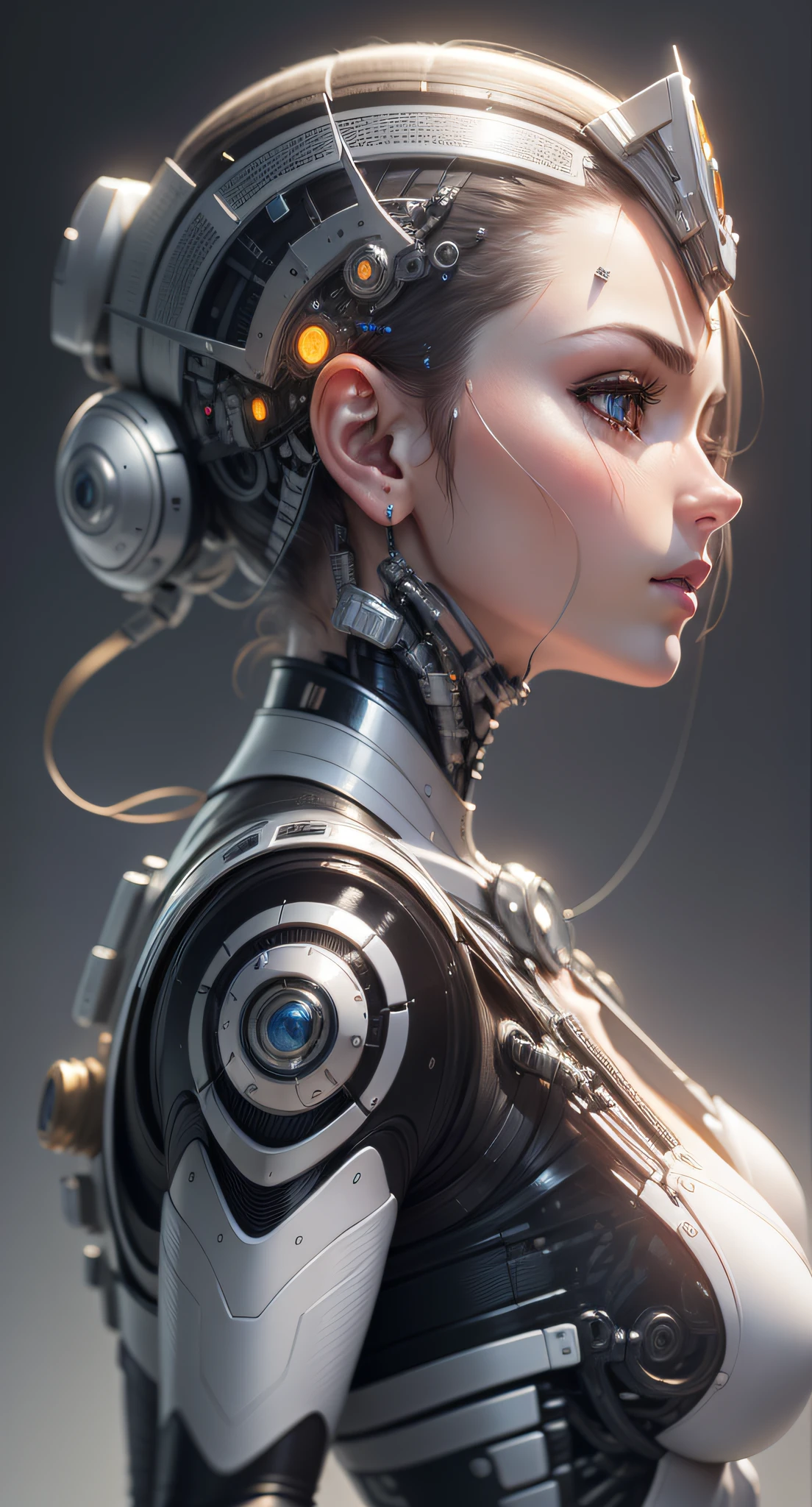 ultra detailed complex 3d rendering of a gorgeous human profile android face, beautiful woman, cyborg, robotic parts, 150 mm, beautiful soft studio light, rim light, vibrant details, luxurious cyberpunk, lace, hyper-realistic, anatomical, facial muscles, electrical cables, microchip, elegant, beautiful background, octane rendering, HR Giger style, 8k, best quality, masterpiece, illustration, extremely delicate and beautiful, extremely detailed, CG, unit, wallpaper, (realistic, photorealistic: 1.37), amazing, finely detailed, masterpiece, best quality, official art, 8k unit wallpaper CG extremely detailed, absurd, incredibly absurd, robot, silver helmet, full body, sitting