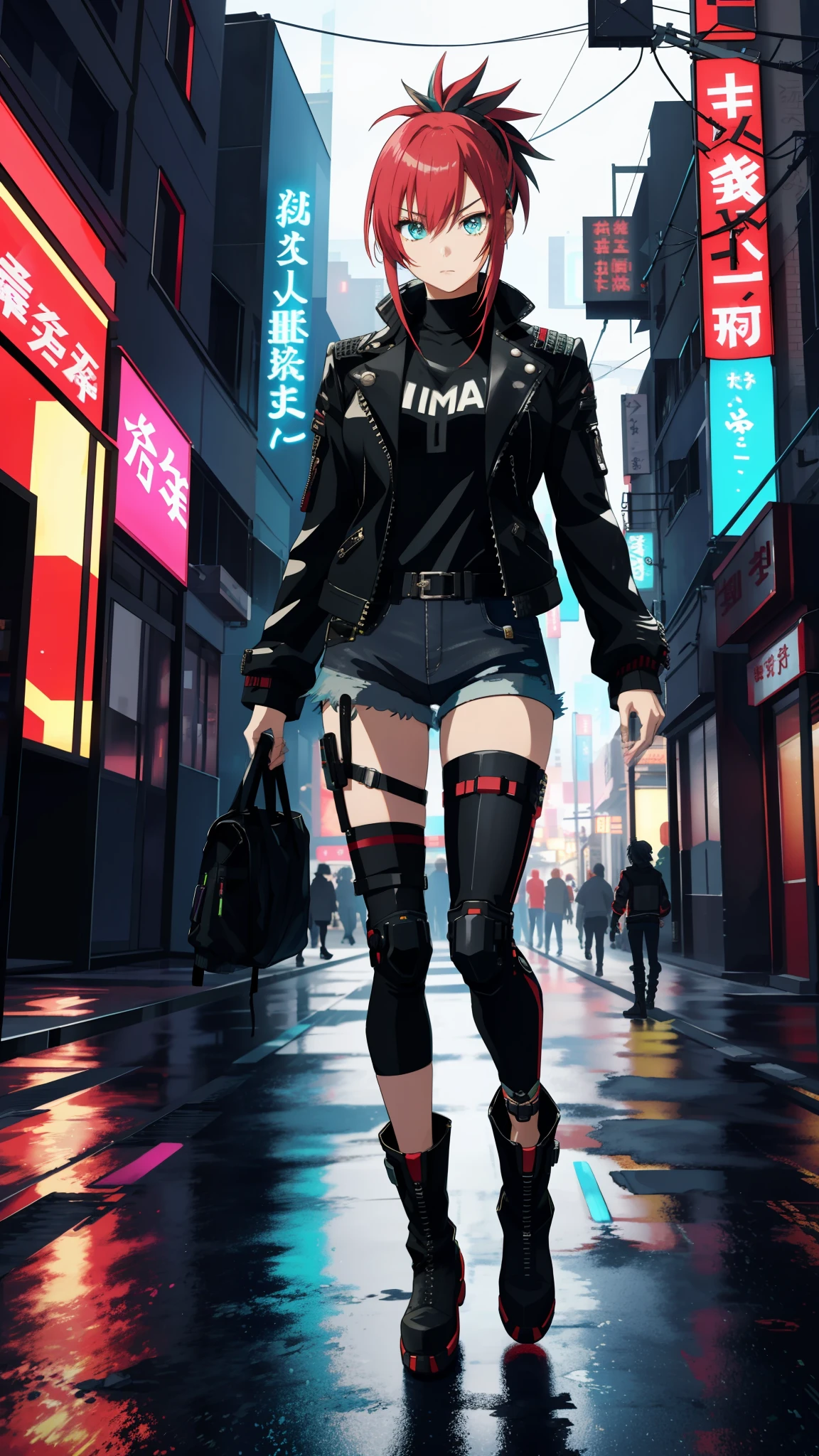 3d anime style detailed cyberpunk girl, high quality face details, detailed eyes,  cyborg implants, wearing a leather jacket, boots, colorful clothes, neon, full body , standing open pose,  no background,