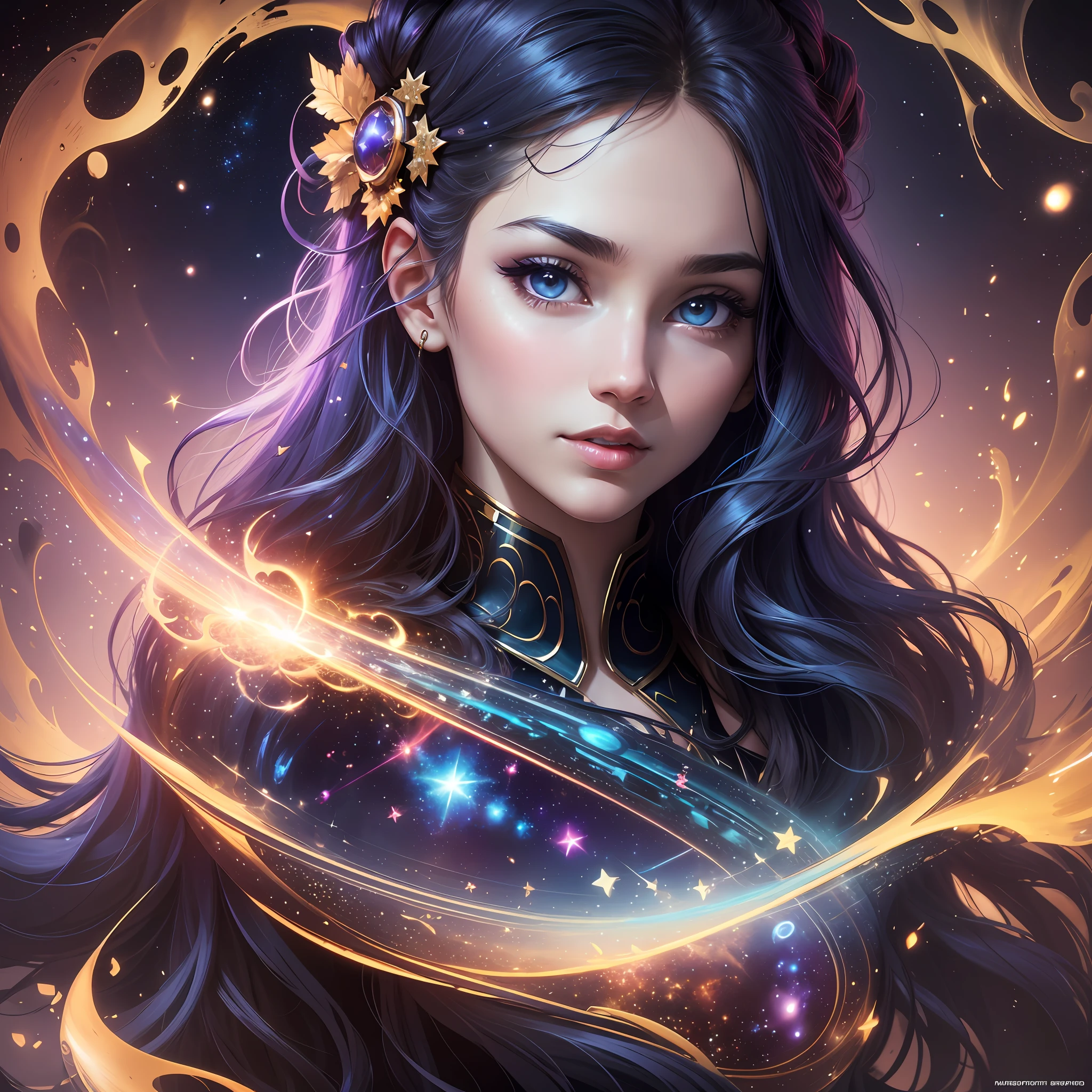masterpiece, best quality, UHD, spectral, splash Ink, cosmic colors, cosmic scenary, (1girl), 20s, upper body, navy long hair, high detailed eys, high detailed face, besta quality production, colored eys, stars background, time godess, wearing cosmic style dress, by Artgerm and Greg Rutkowski, 12k, high resolution, cinematic lights, cinematic production, cinematic wallpaper