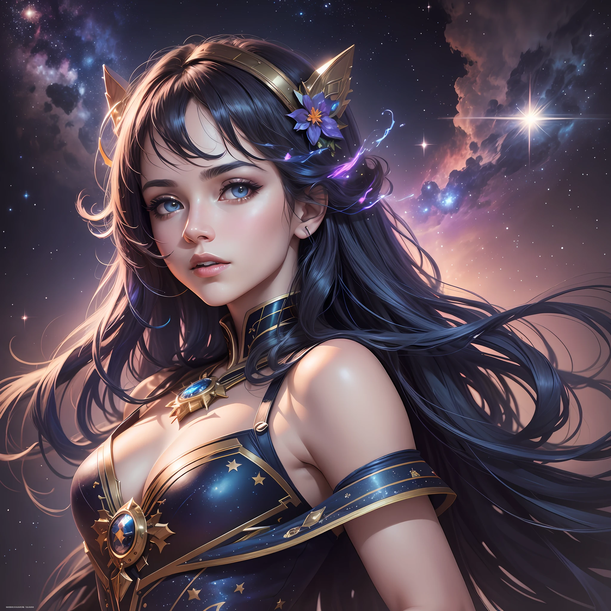 masterpiece, best quality, UHD, spectral, splash Ink, cosmic colors, cosmic scenary, (1girl), 20s, upper body, navy long hair, high detailed eys, high detailed face, besta quality production, colored eys, stars background, time godess, wearing cosmic style dress, by Artgerm and Greg Rutkowski, 12k, high resolution, cinematic lights, cinematic production, cinematic wallpaper