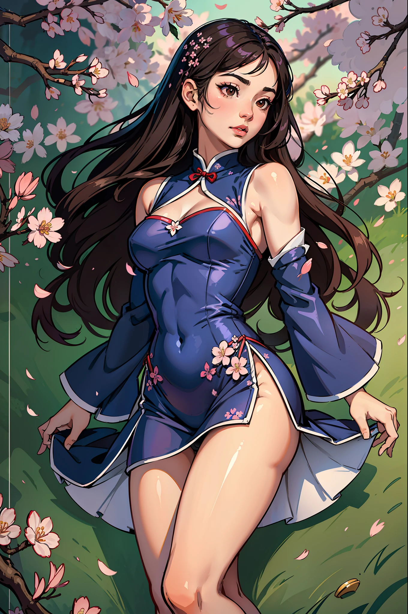 /FS,full body,perfect japanise hafu masterpiece,miniature graceful perfect body,best face,big brown eyes and fluffy eyelashes, small standing breasts,smooth graceful legs and arms,best anatomy,best legs,best hands,long highlighted hair like rapunzel, high resolution,clear focus,intricate details, cherry blossom garden background,clothes sexy qipao dress in navy blue with cherry blossom blossom patterns with deep cutouts on the sides, visible white tight-fitting feminine charms panties, skin pores, shiny perfect skin, natural skintone, on the girl's feet elegant dark blue shoes with high heels more than 10 centimeters, beautiful sexy full-length pose, photorealistic, tranding on artstantion, best light, cinematic colorgrade, image highly artistic, shot in the style of Jose Villa, artfine, 8k UHD 3: 4 7 --auto --s2