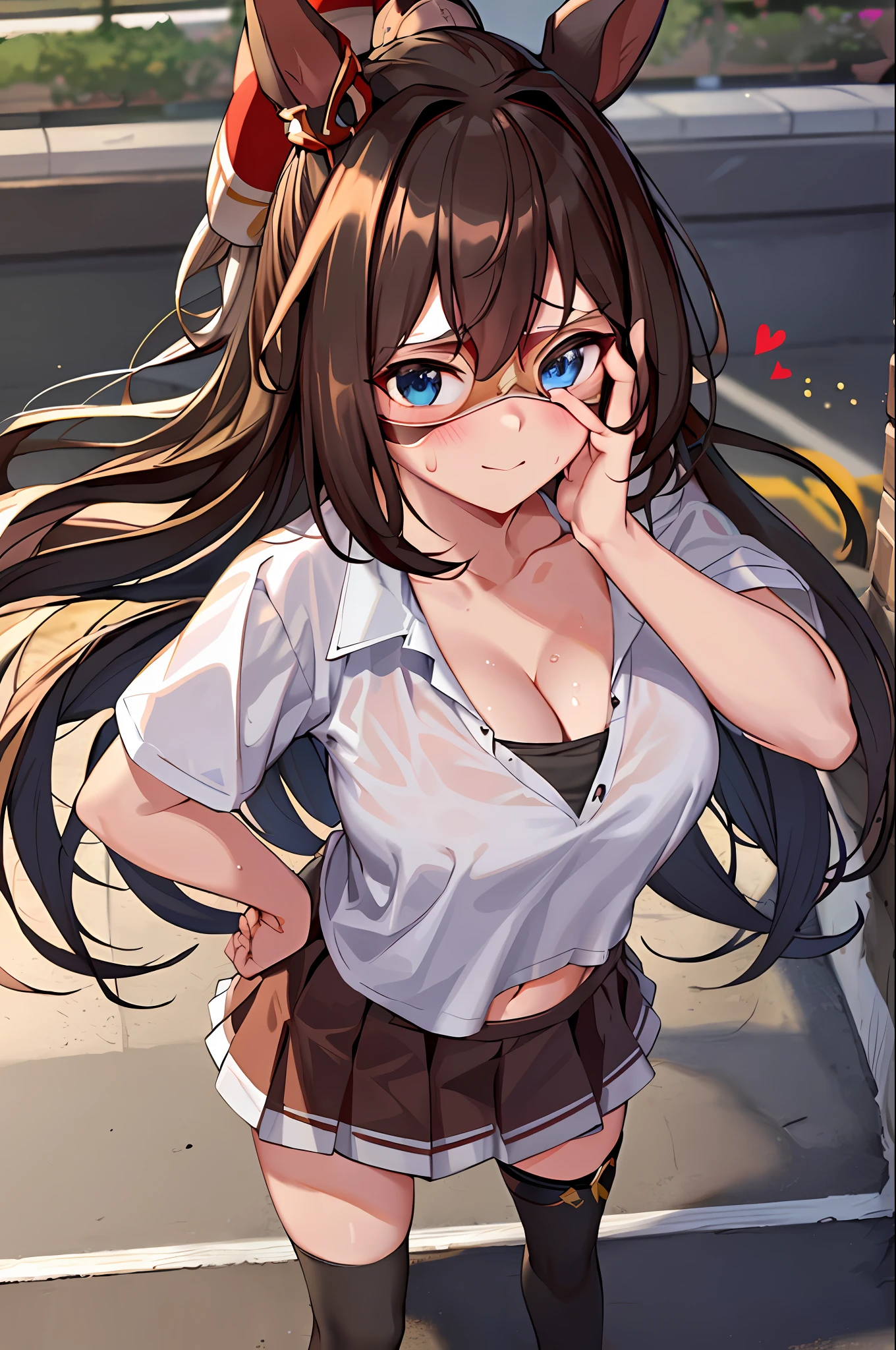 Top quality, masterpiece, high resolution, 8k, detailed line art, bright white and bright amber style, digital enhancement, close-up, anime core, flowing fabric, masterpiece, one girl, solo, light smile, big, lower breasts, cleavage, heart pupils, one girl, crotch, big, navel, nude, (masterpiece, highest quality), horizontal lightning, fine and beautiful eyes, angry face, crazy, rough-faced, blush, sweat, mask, 1 girl, big, indoors, bedroom, hands on chest, mask, big, whiplash, (masterpiece, highest quality, highest quality, extreme detail, highest detail, official art, beautiful and aesthetic: 1.2), colorful, beautiful face, beautiful eyes, solo, perfect body, white shirt, outdoors, looking at the viewer, mask, rubbing breasts, masterpiece, best quality, 1 girl, standing on the street, (cropped collar T-shirt), Underwear straps, pink skirt, city night, neon lights, background Tokyo street, taxi, date, shy, hat, leg ring, knee socks, hands behind back