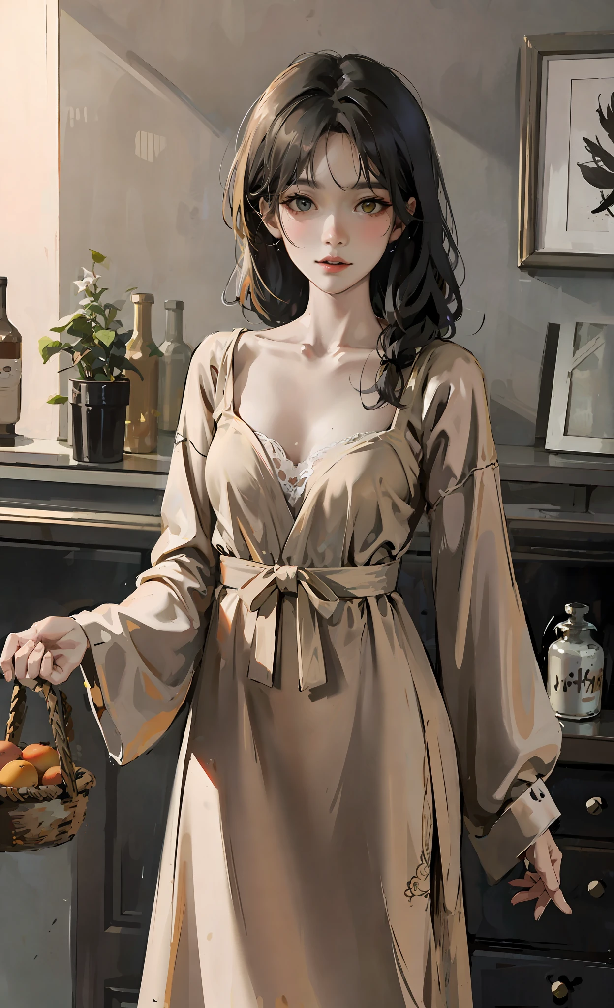 There is a white cat on the background table
