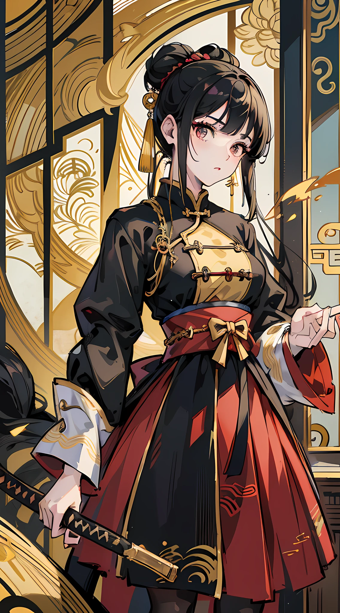 8k high definition, double, boy and girl twins, anime, long sleeve blouse, chinese long skirt, battle poze, black hair, golden eyes, katana, wallpaper --auto --s2