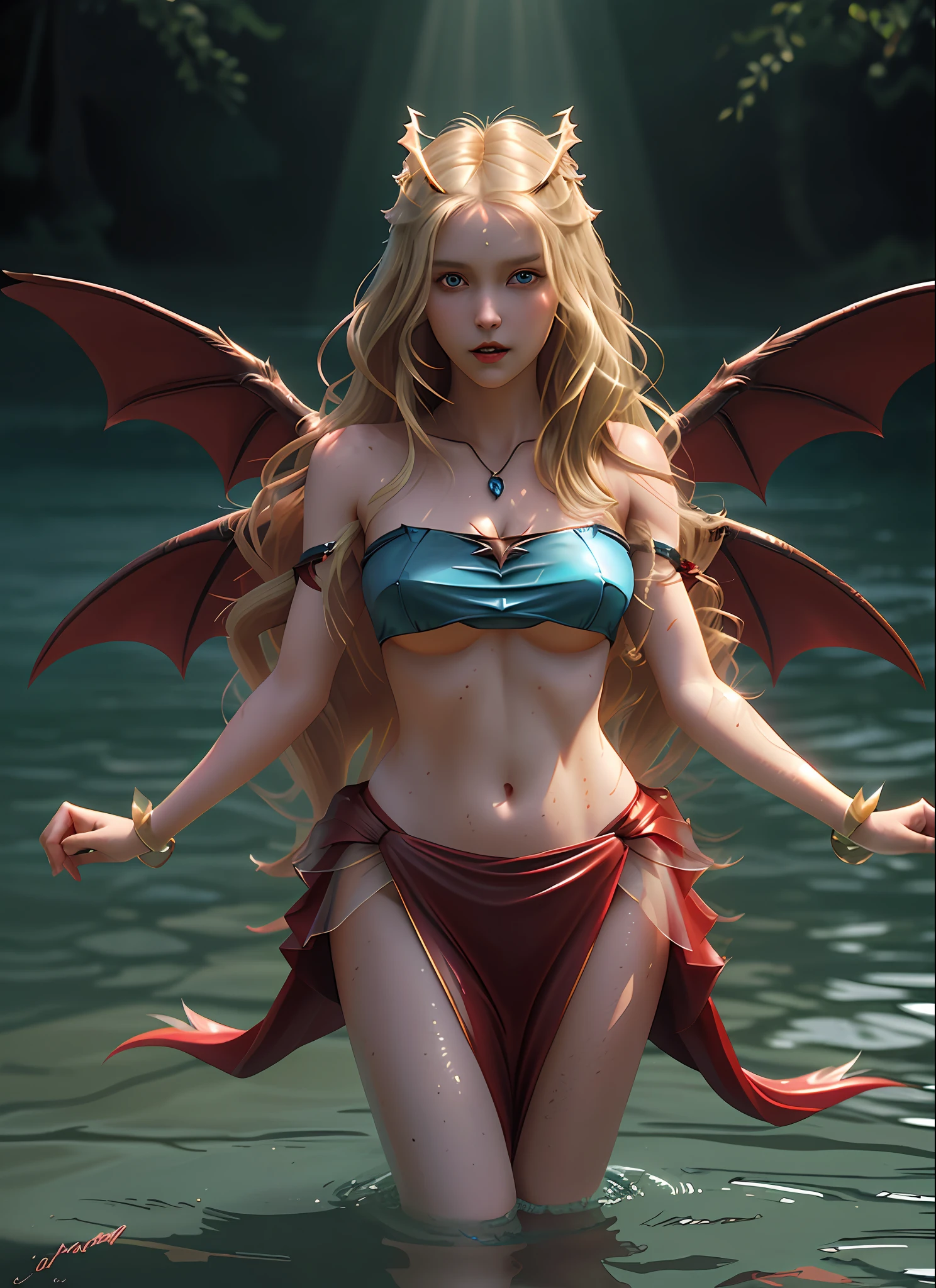 A beautiful and cute maiden, standing, red backlit, detailed face, detailed eyes, realistic, cinematic, digital art, octane rendering, bat-like wings, long blonde hair, pointed tail, claws, in the water, scantily dressed, wearing wet transparent clothes, decorated with various jewelry, carrying whips, radiating and threatening halo, sharp teeth,