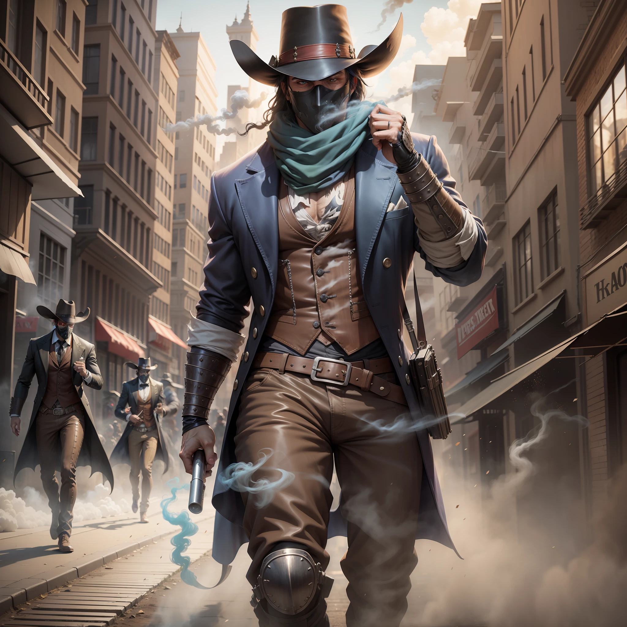 masked thugs coming out of a smokescreen on a city street,wild west,villain,smoke,dust,artwork,3D,4K,Detailed,Realistic