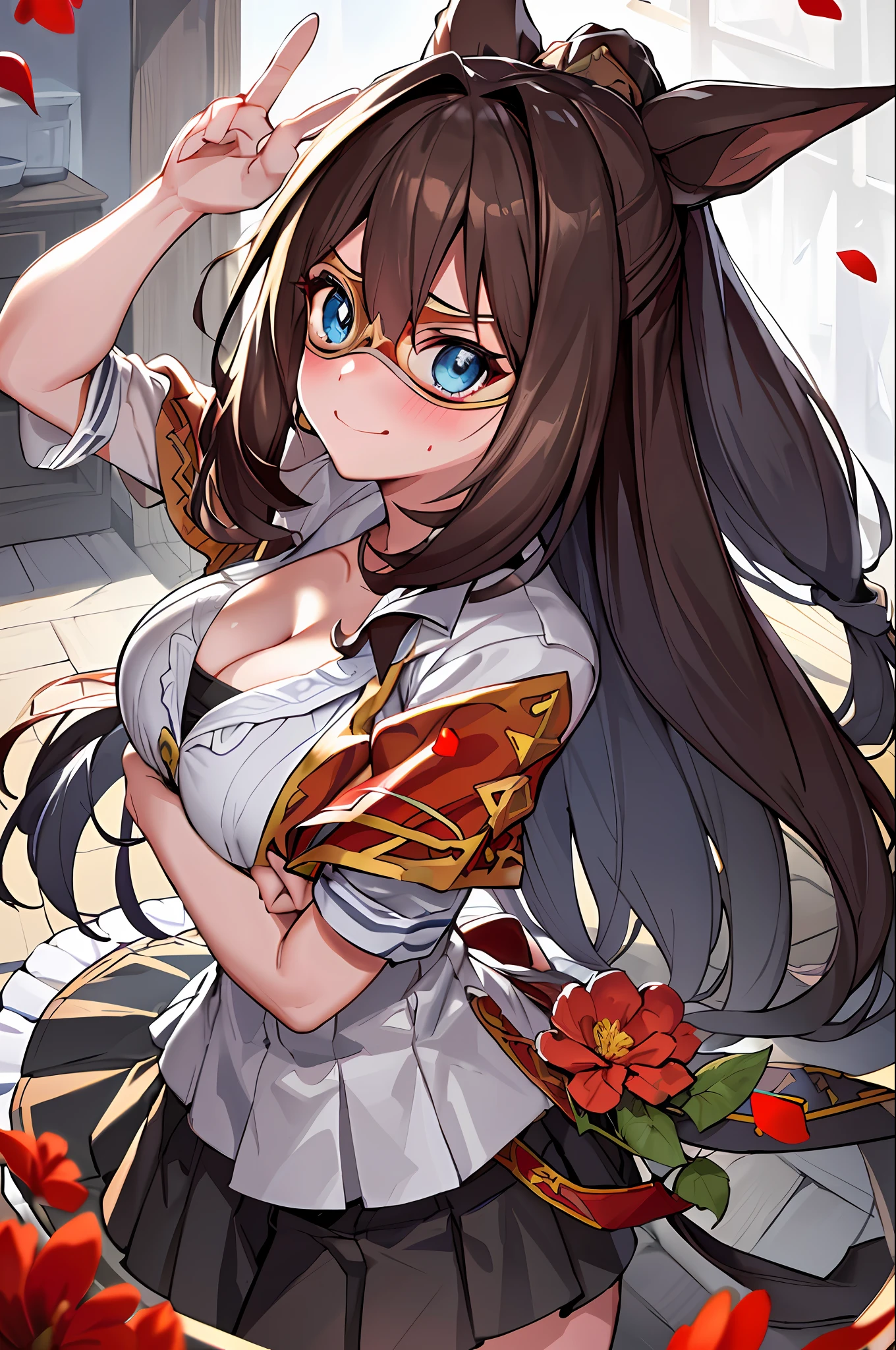 Top quality, masterpiece, high resolution, 8k, detailed line art, bright white and bright amber style, digital enhancement, close-up, anime core, flowing fabric, masterpiece, one girl, solo, light smile, big, lower breasts, cleavage, heart pupils, one girl, crotch, big, navel, nude, (masterpiece, highest quality), horizontal lightning, fine and beautiful eyes, angry face, crazy, rough-faced, blush, sweat, mask, 1 girl, big, indoors, bedroom, hands on chest, mask, big, whiplash, (masterpiece, highest quality, highest quality, extreme detail, supreme detail, official art, beautiful and aesthetic: 1.2), colorful, beautiful face, beautiful eyes, solo, perfect body, white shirt, gray hair, outdoors, red flower, standing in a field with red flowers, from the side, looking at the viewer, mask, pushing up chest
