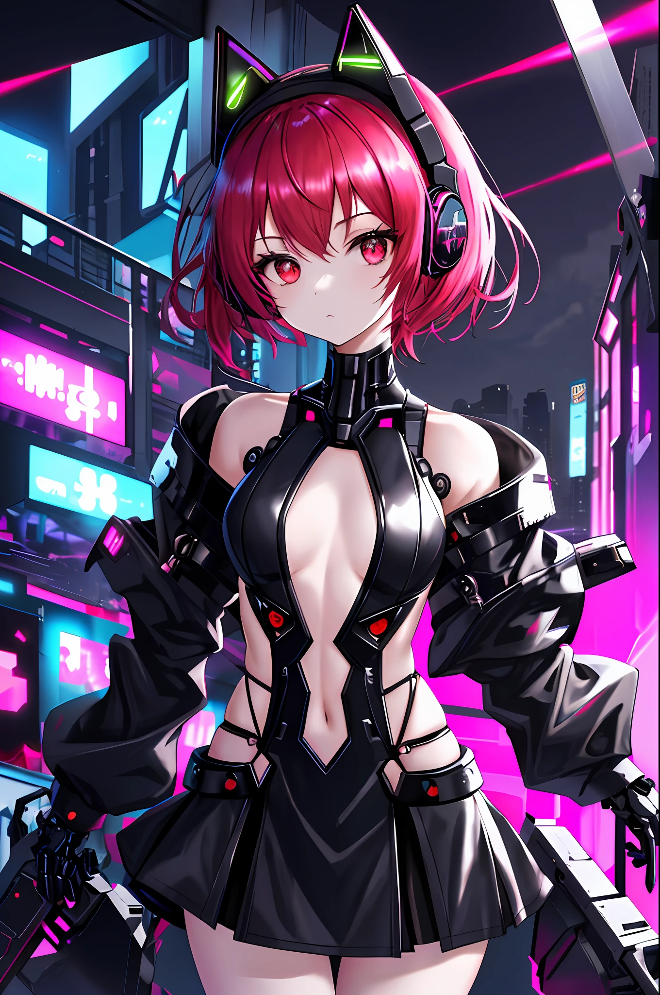 Absurdity, intricate details, highly detailed 8K wallpaper, (transcendent beautiful girl: 1.5), break, scarlet hair, short hair, (turn around), (beautiful bare back), (beautiful bare back), (beautiful bare shoulders), (exoskeleton mini dress), (red eye: 1.1), break, (mechanical joints, mechanical limbs: 1.4), perfect five fingers, cat-eared headphones, (black miniskirt), cyberpunk, dynamic angle, neon glowing city,